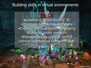 Building skills in virtual environments My CV Leading a virtual team of 30 individuals from across the globe Creating and successfully executing strategies under pressure Managing cross-cultural conflict without face-to-face communication Teigland 2010 