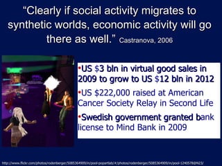“ Clearly if social activity migrates to synthetic worlds, economic activity will go there as well.”   Castranova, 2006 http://www.flickr.com/photos/rodenberger/5085364909/in/pool-popartlab/#/photos/rodenberger/5085364909/in/pool-1240578@N23/ US  $ 3 bln in virtual good sales in 2009 to grow to US  $ 12 bln in 2012 US $222,000 raised at American Cancer Society Relay in Second Life Swedish government granted b ank license to Mind Bank in 2009 