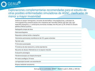 Exploraciones complementarias recomendadas para el estudio de
otras posibles enfermedades simuladoras de AGNC, clasificadas de
menor a mayor invasividad
Asma grave no controlada. GEMA4.3. Madrid: Luzán 5; 2018. p. 139‐161.
 