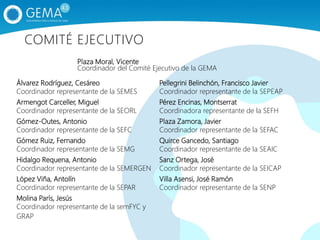 Álvarez Rodríguez, Cesáreo
Coordinador representante de la SEMES
Armengot Carceller, Miguel
Coordinador representante de la SEORL
Gómez-Outes, Antonio
Coordinador representante de la SEFC
Gómez Ruiz, Fernando
Coordinador representante de la SEMG
Hidalgo Requena, Antonio
Coordinador representante de la SEMERGEN
López Viña, Antolín
Coordinador representante de la SEPAR
Molina París, Jesús
Coordinador representante de la semFYC y
GRAP
Pellegrini Belinchón, Francisco Javier
Coordinador representante de la SEPEAP
Pérez Encinas, Montserrat
Coordinadora representante de la SEFH
Plaza Zamora, Javier
Coordinador representante de la SEFAC
Quirce Gancedo, Santiago
Coordinador representante de la SEAIC
Sanz Ortega, José
Coordinador representante de la SEICAP
Villa Asensi, José Ramón
Coordinador representante de la SENP
Plaza Moral, Vicente
Coordinador del Comité Ejecutivo de la GEMA
COMITÉ EJECUTIVO
 