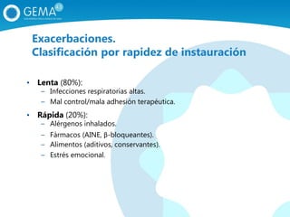 • Lenta (80%):
– Infecciones respiratorias altas.
– Mal control/mala adhesión terapéutica.
• Rápida (20%):
– Alérgenos inhalados.
– Fármacos (AINE, β-bloqueantes).
– Alimentos (aditivos, conservantes).
– Estrés emocional.
Exacerbaciones.
Clasificación por rapidez de instauración
 