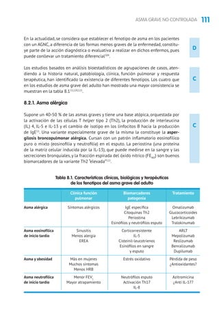 111ASMA GRAVE NO CONTROLADA
D
C
C
En la actualidad, se considera que establecer el fenotipo de asma en los pacientes
con un AGNC, a diferencia de las formas menos graves de la enfermedad, constitu-
ye parte de la acción diagnóstica o evaluativa a realizar en dichos enfermos, pues
puede conllevar un tratamiento diferencial509
.
Los estudios basados en análisis bioestadísticos de agrupaciones de casos, aten-
diendo a la historia natural, patobiología, clínica, función pulmonar y respuesta
terapéutica, han identificado la existencia de diferentes fenotipos. Los cuatro que
en los estudios de asma grave del adulto han mostrado una mayor consistencia se
muestran en la tabla 8.153,520,521
.
8.2.1. Asma alérgica
Supone un 40-50 % de las asmas graves y tiene una base atópica, orquestada por
la activación de las células T helper tipo 2 (Th2), la producción de interleucina
(IL) 4, IL-5 e IL-13 y el cambio de isotipo en los linfocitos B hacia la producción
de IgE53
. Una variante especialmente grave de la misma la constituye la asper-
gilosis broncopulmonar alérgica. Cursan con un patrón inflamatorio eosinofílico
puro o mixto (eosinofilia y neutrofilia) en el esputo. La periostina (una proteína
de la matriz celular inducida por la IL-13), que puede medirse en la sangre y las
secreciones bronquiales, y la fracción espirada del óxido nítrico (FENO
) son buenos
biomarcadores de la variante Th2 “elevada”522
.
Tabla 8.1. Características clínicas, biológicas y terapéuticas
de los fenotipos del asma grave del adulto
	 Clínica función	 Biomarcadores	 Tratamiento
	 pulmonar	patogenia
Asma alérgica	 Síntomas alérgicos	 IgE específica	 Omalizumab
		 Citoquinas Th2	 Glucocorticoides
		 Periostina	Lebrikizumab
		 Esinófilos y neutrófilos esputo	 Tralokinumab
Asma eosinofílica	 Sinusitis	 Corticorresistente	ARLT
de inicio tardío	 Menos alergia	 IL-5	 Mepolizumab
	 EREA	 Cisteinil-leucotrienos	Reslizumab
		 Esinófilos en sangre	 Benralizumab
		 y esputo	 Dupilumab
Asma y obesidad	 Más en mujeres	 Estrés oxidativo	 Pérdida de peso
	 Muchos síntomas		 ¿Antioxidantes?
	 Menos HRB
Asma neutrofílica	 Menor FEV1	
Neutrófilos esputo	 Azitromicina
de inicio tardío	 Mayor atrapamiento	 Activación Th17	 ¿Anti IL-17?
		IL-8	
 