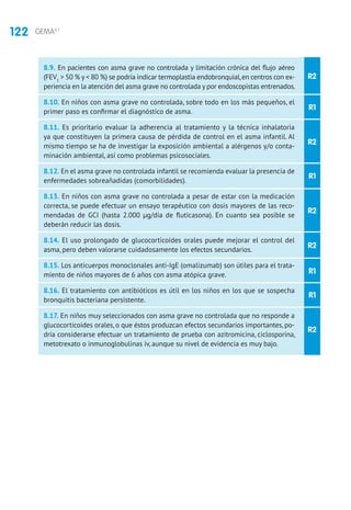 122 GEMA4.1
R2
R1
R2
R1
R2
R2
R1
R1
R2
8.9. En pacientes con asma grave no controlada y limitación crónica del flujo aéreo
(FEV1
 50 % y  80 %) se podría indicar termoplastia endobronquial,en centros con ex-
periencia en la atención del asma grave no controlada y por endoscopistas entrenados.
8.10. En niños con asma grave no controlada, sobre todo en los más pequeños, el
primer paso es confirmar el diagnóstico de asma.
8.11. Es prioritario evaluar la adherencia al tratamiento y la técnica inhalatoria
ya que constituyen la primera causa de pérdida de control en el asma infantil. Al
mismo tiempo se ha de investigar la exposición ambiental a alérgenos y/o conta-
minación ambiental, así como problemas psicosociales.
8.12. En el asma grave no controlada infantil se recomienda evaluar la presencia de
enfermedades sobreañadidas (comorbilidades).
8.13. En niños con asma grave no controlada a pesar de estar con la medicación
correcta, se puede efectuar un ensayo terapéutico con dosis mayores de las reco-
mendadas de GCI (hasta 2.000 μg/día de fluticasona). En cuanto sea posible se
deberán reducir las dosis.
8.14. El uso prolongado de glucocorticoides orales puede mejorar el control del
asma, pero deben valorarse cuidadosamente los efectos secundarios.
8.15. Los anticuerpos monoclonales anti-IgE (omalizumab) son útiles para el trata-
miento de niños mayores de 6 años con asma atópica grave.
8.16. El tratamiento con antibióticos es útil en los niños en los que se sospecha
bronquitis bacteriana persistente.
8.17. En niños muy seleccionados con asma grave no controlada que no responde a
glucocorticoides orales, o que éstos produzcan efectos secundarios importantes, po-
dría considerarse efectuar un tratamiento de prueba con azitromicina, ciclosporina,
metotrexato o inmunoglobulinas iv, aunque su nivel de evidencia es muy bajo.
 