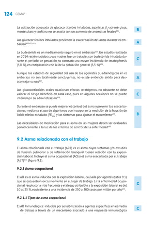 124 GEMA4.1
C
A
C
B
C
La utilización adecuada de glucocorticoides inhalados, agonistas β2
-adrenérgicos,
montelukast y teofilina no se asocia con un aumento de anomalías fetales622
.
Los glucocorticoides inhalados previenen la exacerbación del asma durante el em-
barazo620,623,624
.
La budesónida es un medicamento seguro en el embarazo625
. Un estudio realizado
en 2014 recién nacidos cuyas madres fueron tratadas con budesónida inhalada du-
rante el periodo de gestación no constató una mayor incidencia de teratogénesis
(3,8 %), en comparación con la de la población general (3,5 %)626
.
Aunque los estudios de seguridad del uso de los agonistas β2
-adrenérgicos en el
embarazo no son totalmente concluyentes, no existe evidencia sólida para des-
aconsejar su uso627
.
Los glucocorticoides orales ocasionan efectos teratógenos, no obstante se debe
valorar el riesgo-beneficio en cada caso, pues en algunas ocasiones no se puede
interrumpir su administración628
.
Durante el embarazo se puede mejorar el control del asma y prevenir las exacerba-
ciones, mediante el uso de algoritmos que incorporan la medición de la fracción de
óxido nítrico exhalado (FENO
) y los síntomas para ajustar el tratamiento629
.
Las necesidades de medicación para el asma en las mujeres deben ser evaluadas
periódicamente a la luz de los criterios de control de la enfermedad630
.
9.2 Asma relacionada con el trabajo
El asma relacionada con el trabajo (ART) es el asma cuyos síntomas y/o estudios
de función pulmonar o de inflamación bronquial tienen relación con la exposi-
ción laboral. Incluye el asma ocupacional (AO) y el asma exacerbada por el trabajo
(AET)630
(figura 9.1).
9.2.1 Asma ocupacional
El AO es el asma inducida por la exposición laboral, causada por agentes (tabla 9.1)
que se encuentran exclusivamente en el lugar de trabajo. Es la enfermedad ocupa-
cional respiratoria más frecuente y el riesgo atribuible a la exposición laboral es del
10 al 25 %, equivalente a una incidencia de 250 a 300 casos por millón por año631
.
9.2.1.1 Tipos de asma ocupacional
1) AO Inmunológica: inducida por sensibilización a agentes específicos en el medio
de trabajo a través de un mecanismo asociado a una respuesta inmunológica
A
C
B
 
