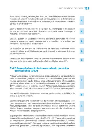 129CIRCUNSTANCIAS ESPECIALES
A
C
C
C
A
A
A
C
B
El uso de agonistas b2
-adrenérgicos de acción corta (SABA) empleados de mane-
ra ocasional, unos 10 minutos antes del ejercicio, constituyen el tratamiento de
elección. No obstante, si se utilizan de manera regular, presentan una progresiva
pérdida de efectividad653,654
.
Los GCI deben utilizarse asociados a agonistas b2
-adrenérgicos en los casos en
los que sea preciso el tratamiento de manera continuada, ya que disminuyen la
frecuencia e intensidad de las crisis655
.
Los ARLT pueden ser utilizados de manera ocasional o continuada. No inducen
tolerancia aunque son menos efectivos para la prevención y no se utilizan para
revertir una obstrucción ya establecida656
.
La realización de ejercicios de calentamiento de intensidad ascendente, previa-
mente al inicio de la actividad deportiva, puede disminuir la intensidad de la bron-
coconstricción657,658
.
La reducción de la ingesta de sodio y el consumo de suplementos de ácido ascór-
bico o de aceite de pescado, podrían reducir la intensidad de las crisis659
.
9.4 Enfermedad respiratoria exacerbada por ácido
acetilsalicílico (EREA)
Antiguamente conocida como intolerancia al ácido acetilsalicílico o a los antinflama-
torios no esteroideos (AINE), en la actualidad se la denomina EREA, pues hace refe-
rencia a las reacciones agudas de la vía aérea, tanto superior como inferior, tras la in-
gestión de ácido acetilsalicílico u otros AINE inhibidores de la ciclooxigenasa-1 (COX-
1)660,661
.Estas reacciones se presentan en un 20-40 % de los adultos que padecen asma
y/o rinosinusitis crónica con poliposis nasosinusal562,662,663
. El asma suele ser grave664
.
Una revisión sistemática de la literaria establece que la prevalencia de EREA es del
7 % en el asma del adulto665
.
Las reacciones por AINE ocurren entre los 30 minutos y 3 horas después de su in-
gesta y se presentan como un empeoramiento brusco del asma y de la congestión
nasal, acompañados a veces por otros síntomas que precisan tratamiento urgente.
Muchas de estas reacciones son graves y, raramente, mortales. La evitación de los
AINE no resuelve el asma o la poliposis650,661
.
Su patogenia no está totalmente caracterizada.Existe una intensa inflamación eosinofí-
lica y una hiperproducción de IL-5 local y de LTC4
,LTD4
y LTE4
666
y una sobreexpresión de
sus receptores667,668
.En muchos casos se detecta una sobreexpresión de la LTC4
sintetasa
en eosinófilos y mastocitos669
. Esto puede explicarse parcialmente por el polimorfismo
genético del gen de la LTC4
sintetasa que padece el 70 % de los pacientes con EREA670
.
 