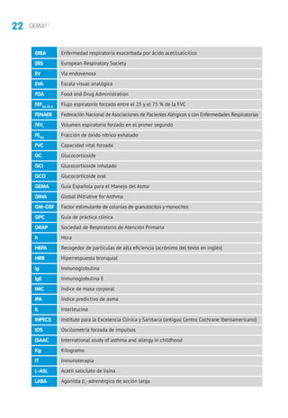 22 GEMA4.1
Enfermedad respiratoria exacerbada por ácido acetilsalicílico
European Respiratory Society
Vía endovenosa
Escala visual analógica
Food and Drug Administration
Flujo espiratorio forzado entre el 25 y el 75 % de la FVC
Federación Nacional de Asociaciones de Pacientes Alérgicos y con Enfermedades Respiratorias
Volumen espiratorio forzado en el primer segundo
Fracción de óxido nítrico exhalado
Capacidad vital forzada
Glucocorticoide
Glucocorticoide inhalado
Glucocorticoide oral
Guía Española para el Manejo del Asma
Global INitiative for Asthma
Factor estimulante de colonias de granulocitos y monocitos
Guía de práctica clínica
Sociedad de Respiratorio de Atención Primaria
Hora
Recogedor de partículas de alta eficiencia (acrónimo del texto en inglés)
Hiperrespuesta bronquial
Inmunoglobulina
Inmunoglobulina E
Índice de masa corporal
Índice predictivo de asma
Interleucina
Instituto para la Excelencia Clínica y Sanitaria (antiguo Centro Cochrane Iberoamericano)
Oscilometría forzada de impulsos
International study of asthma and allergy in childhood
Kilogramo
Inmunoterapia
Acetil salicilato de lisina
Agonista β2
-adrenérgico de acción larga
EREA
ERS
EV
EVA
FDA
FEF25-75 %
FENAER
FEV1
FENO
FVC
GC
GCI
GCO
GEMA
GINA
GM-GSF
GPC
GRAP
h
HEPA
HRB
Ig
IgE
IMC
IPA
IL
INPECS
IOS
ISAAC
Kg
IT
L-ASL
LABA
 