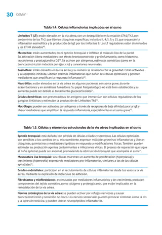 30 GEMA4.1
Tabla 1.4. Células inflamatorias implicadas en el asma
Linfocitos T (LT): están elevados en la vía aérea, con un desequilibrio en la relación LTh1/Th2, con
predominio de los Th2, que liberan citoquinas específicas, incluidas IL 4, 5, 9, y 13, que orquestan la
inflamación eosinofílica y la producción de IgE por los linfocitos B. Los LT reguladores están disminuidos
y los LT NK elevados48
.
Mastocitos: están aumentados en el epitelio bronquial e infiltran el músculo liso de la pared.
Su activación libera mediadores con efecto broncoconstrictor y proinflamatorio, como histamina,
leucotrienos y prostaglandina D249
. Se activan por alérgenos, estímulos osmóticos (como en la
broncoconstricción inducida por ejercicio) y conexiones neuronales.
Eosinófilos: están elevados en la vía aérea y su número se relaciona con la gravedad. Están activados
y su apoptosis inhibida. Liberan enzimas inflamatorias que dañan las células epiteliales y generan
mediadores que amplifican la respuesta inflamatoria50
.
Neutrófilos: están elevados en la vía aérea en algunos pacientes con asma grave, durante
exacerbaciones y en asmáticos fumadores. Su papel fisiopatológico no está bien establecido y su
aumento puede ser debido al tratamiento glucocorticoideo51
.
Células dendríticas: son presentadoras de antígeno que interactúan con células reguladoras de los
ganglios linfáticos y estimulan la producción de Linfocitos Th252
.
Macrófagos: pueden ser activados por alérgenos a través de receptores de baja afinidad para la IgE y
liberar mediadores que amplifican la respuesta inflamatoria, especialmente en el asma grave53
.
Tabla 1.5. Células y elementos estructurales de la vía aérea implicadas en el asma
Epitelio bronquial: está dañado, con pérdida de células ciliadas y secretoras. Las células epiteliales
son sensibles a los cambios de su microambiente, expresan múltiples proteínas inflamatorias y liberan
citoquinas, quimiocinas y mediadores lipídicos en respuesta a modificaciones físicas.También pueden
estimular su producción agentes contaminantes e infecciones víricas. El proceso de reparación que sigue
al daño epitelial puede ser anormal, promoviendo la obstrucción bronquial que acompaña al asma54
.
Musculatura lisa bronquial: sus células muestran un aumento de proliferación (hiperplasia) y
crecimiento (hipertrofia) expresando mediadores pro-inflamatorios, similares a los de las células
epiteliales55
.
Células endoteliales: participan en el reclutamiento de células inflamatorias desde los vasos a la vía
aérea, mediante la expresión de moléculas de adhesión.
Fibroblastos y miofibroblastos: estimulados por mediadores inflamatorios y de crecimiento, producen
componentes del tejido conectivo, como colágeno y proteoglicanos, que están implicados en la
remodelación de la vía aérea.
Nervios colinérgicos de la vía aérea: se pueden activar por reflejos nerviosos y causar
broncoconstricción y secreción de moco. Los nervios sensoriales pueden provocar síntomas como la tos
y la opresión torácica, y pueden liberar neuropéptidos inflamatorios.
 