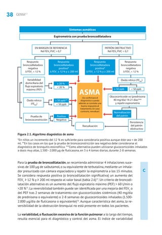 38 GEMA4.1
C
Para la prueba de broncodilatación, se recomienda administrar 4 inhalaciones suce-
sivas de 100 µg de salbutamol,o su equivalente de terbutalina,mediante un inhala-
dor presurizado con cámara espaciadora y repetir la espirometría a los 15 minutos.
Se considera respuesta positiva (o broncodilatación significativa) un aumento del
FEV1
≥ 12 % y ≥ 200 ml respecto al valor basal (tabla 2.6)73
. Un criterio de broncodi-
latación alternativo es un aumento del flujo espiratorio máximo (PEF)  60 l/min o
20 %75
.La reversibilidad también puede ser identificada por una mejoría del FEV1
o
del PEF tras 2 semanas de tratamiento con glucocorticoides sistémicos (40 mg/día
de prednisona o equivalente) o 2-8 semanas de glucocorticoides inhalados (1.500-
2.000 mg/día de fluticasona o equivalente)76
. Aunque característica del asma, la re-
versibilidad de la obstrucción bronquial no está presente en todos los pacientes.
La variabilidad,o fluctuación excesiva de la función pulmonar a lo largo del tiempo,
resulta esencial para el diagnóstico y control del asma. El índice de variabilidad
Figura 2.1.Algoritmo diagnóstico de asma
*En niños un incremento del 12 % es suficiente para considerarla positiva aunque éste sea  de 200
ml. **En los casos en los que la prueba de broncoconstricción sea negativa debe considerarse el
diagnóstico de bronquitis eosinofílica. ***Como alternativa pueden utilizarse glucocorticoides inhalados
a dosis muy altas, 1.500 - 2.000 µg de fluticasona, en 3 o 4 tomas diarias, durante 2-8 semanas.
Respuesta
broncodilatadora
negativa
Δ FEV1
 12 %
Variabilidad
domiciliaria del
flujo espiratorio
máximo (PEF)
≥ 20 %
 20 %
≥ 50 ppb**
≥ 50 ppb  50 ppb
Positiva
Negativa
 50 ppb
Óxido nítrico
(FENO
)
Óxido nítrico (FENO
)
Prueba de
broncoconstricción
Respuesta
broncodilatadora
positiva*
Δ FEV1
≥ 12 % y ≥ 200 ml
Respuesta
broncodilatadora
negativa
Δ FEV1
 12 %
Glucocorticoide vo (prednisona
40 mg/día) 14-21 días***
y repetir espirometría
Normalización
del patrón
Persistencia
del patrón
obstructivo
Respuesta
broncodilatadora
positiva*
Δ FEV1
≥ 12 % y ≥ 200 ml
EN MARGEN DE REFERENCIA
Rel FEV1
/FVC  0,7
PATRÓN OBSTRUCTIVO
Rel FEV1
/FVC  0,7
ASMA
(Se confirmará el
diagnóstico cuando
además se constate una
buena respuesta al
tratamiento. En caso
contrario, reevaluar)
Reevaluación
*En niños un incremento del 12% es suficiente para considerarla positiva aunque éste sea  de 200 ml. **En los casos en los que
la prueba de broncoconstricción sea negativa debe considerarse el diagnóstico de bronquitis eosinofílica. ***Como alternativa
pueden utilizarse glucocorticoides inhalados a dosis muy altas, 1.500 - 2.000 µg de fluticasona, en 3 o 4 tomas diarias, durante
2-8 semanas.
Síntomas asmáticos
Espirometría con prueba broncodilatadora
 