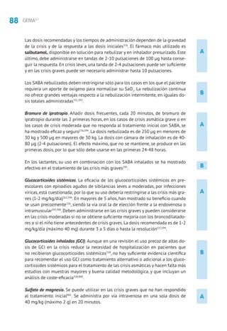 88 GEMA4.1
Las dosis recomendadas y los tiempos de administración dependen de la gravedad
de la crisis y de la respuesta a las dosis iniciales316
. El fármaco más utilizado es
salbutamol, disponible en solución para nebulizar y en inhalador presurizado. Este
último, debe administrarse en tandas de 2-10 pulsaciones de 100 μg hasta conse-
guir la respuesta. En crisis leves, una tanda de 2-4 pulsaciones puede ser suficiente
y en las crisis graves puede ser necesario administrar hasta 10 pulsaciones.
Los SABA nebulizados deben restringirse sólo para los casos en los que el paciente
requiera un aporte de oxígeno para normalizar su SaO2
. La nebulización continua
no ofrece grandes ventajas respecto a la nebulización intermitente, en iguales do-
sis totales administradas331,393
.
Bromuro de ipratropio. Añadir dosis frecuentes, cada 20 minutos, de bromuro de
ipratropio durante las 2 primeras horas, en los casos de crisis asmática grave o en
los casos de crisis moderada que no responda al tratamiento inicial con SABA, se
ha mostrado eficaz y seguro336,394
. La dosis nebulizada es de 250 μg en menores de
30 kg y 500 μg en mayores de 30 kg. La dosis con cámara de inhalación es de 40-
80 μg (2-4 pulsaciones). El efecto máximo, que no se mantiene, se produce en las
primeras dosis, por lo que sólo debe usarse en las primeras 24-48 horas.
En los lactantes, su uso en combinación con los SABA inhalados se ha mostrado
efectivo en el tratamiento de las crisis más graves395
.
Glucocorticoides sistémicos. La eficacia de los glucocorticoides sistémicos en pre-
escolares con episodios agudos de sibilancias leves a moderadas, por infecciones
víricas, está cuestionada; por lo que su uso debería restringirse a las crisis más gra-
ves (1-2 mg/kg/día)362,396
. En mayores de 5 años, han mostrado su beneficio cuando
se usan precozmente326
, siendo la vía oral la de elección frente a la endovenosa o
intramuscular397,398
. Deben administrarse en las crisis graves y pueden considerarse
en las crisis moderadas si no se obtiene suficiente mejoría con los broncodilatado-
res o si el niño tiene antecedentes de crisis graves. La dosis recomendada es de 1-2
mg/kg/día (máximo 40 mg) durante 3 a 5 días o hasta la resolución327,399
.
Glucocorticoides inhalados (GCI). Aunque en una revisión el uso precoz de altas do-
sis de GCI en la crisis reduce la necesidad de hospitalización en pacientes que
no recibieron glucocorticoides sistémicos338
, no hay suficiente evidencia científica
para recomendar el uso GCI como tratamiento alternativo o adicional a los gluco-
corticoides sistémicos para el tratamiento de las crisis asmáticas y hacen falta más
estudios con muestras mayores y buena calidad metodológica, y que incluyan un
análisis de coste-eficacia338,400
.
Sulfato de magnesio. Se puede utilizar en las crisis graves que no han respondido
al tratamiento inicial401
. Se administra por vía intravenosa en una sola dosis de
40 mg/kg (máximo 2 g) en 20 minutos.
B
B
A
A
A
B
A
 