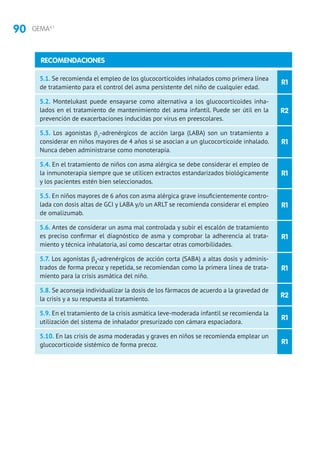 90 GEMA4.1
R1
R2
5.1. Se recomienda el empleo de los glucocorticoides inhalados como primera línea
de tratamiento para el control del asma persistente del niño de cualquier edad.
5.2. Montelukast puede ensayarse como alternativa a los glucocorticoides inha-
lados en el tratamiento de mantenimiento del asma infantil. Puede ser útil en la
prevención de exacerbaciones inducidas por virus en preescolares.
5.3. Los agonistas β2
-adrenérgicos de acción larga (LABA) son un tratamiento a
considerar en niños mayores de 4 años si se asocian a un glucocorticoide inhalado.
Nunca deben administrarse como monoterapia.
5.4. En el tratamiento de niños con asma alérgica se debe considerar el empleo de
la inmunoterapia siempre que se utilicen extractos estandarizados biológicamente
y los pacientes estén bien seleccionados.
5.5. En niños mayores de 6 años con asma alérgica grave insuficientemente contro-
lada con dosis altas de GCI y LABA y/o un ARLT se recomienda considerar el empleo
de omalizumab.
5.6. Antes de considerar un asma mal controlada y subir el escalón de tratamiento
es preciso confirmar el diagnóstico de asma y comprobar la adherencia al trata-
miento y técnica inhalatoria, así como descartar otras comorbilidades.
5.7. Los agonistas b2
-adrenérgicos de acción corta (SABA) a altas dosis y adminis-
trados de forma precoz y repetida, se recomiendan como la primera línea de trata-
miento para la crisis asmática del niño.
5.8. Se aconseja individualizar la dosis de los fármacos de acuerdo a la gravedad de
la crisis y a su respuesta al tratamiento.
5.9. En el tratamiento de la crisis asmática leve-moderada infantil se recomienda la
utilización del sistema de inhalador presurizado con cámara espaciadora.
5.10. En las crisis de asma moderadas y graves en niños se recomienda emplear un
glucocorticoide sistémico de forma precoz.
RECOMENDACIONES
R1
R1
R1
R1
R1
R2
R1
R1
 