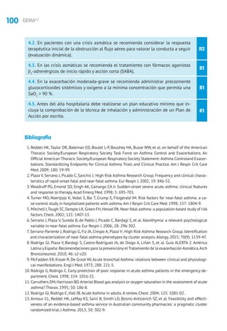 100 GEMA4.2
R2
R1
R1
R1
4.2. En pacientes con una crisis asmática se recomienda considerar la respuesta
terapéutica inicial de la obstrucción al flujo aéreo para valorar la conducta a seguir
(evaluación dinámica).
4.3. En las crisis asmáticas se recomienda el tratamiento con fármacos agonistas
β2
-adrenérgicos de inicio rápido y acción corta (SABA).
4.4. En la exacerbación moderada-grave se recomienda administrar precozmente
glucocorticoides sistémicos y oxígeno a la mínima concentración que permita una
SaO2
 90 %.
4.5. Antes del alta hospitalaria debe realizarse un plan educativo mínimo que in-
cluya la comprobación de la técnica de inhalación y administración de un Plan de
Acción por escrito.
Bibliografía
1. Reddel HK, Taylor DR, Bateman ED, Boulet L-P, Boushey HA, Busse WW, et al. on behalf of the American
Thoracic Society/European Respiratory Society Task Force on Asthma Control and Exacerbations. An
Official American Thoracic Society/European Respiratory Society Statement: Asthma Controland Exacer-
bations. Standardizing Endpoints for Clinical Asthma Trials and Clinical Practice. Am J Respir Crit Care
Med. 2009; 180: 59-99.
2. Plaza V, Serrano J, Picado C, Sanchis J; High Risk Asthma Research Group. Frequency and clinical charac-
teristics of rapid-onset fatal and near-fatal asthma. Eur Respir J. 2002; 19: 846-52.
3.Woodruff PG, Emond SD, Singh AK, Camargo CA Jr. Sudden-onset severe acute asthma: clinical features
and response to therapy.Acad Emerg Med. 1998; 5: 695-701.
4.Turner MO, Noertjojo K, Vedal S, Bai T, Crump S, Fitzgerald JM. Risk factors for near-fatal asthma: a ca-
se-control study in hospitalized patients with asthma.Am J Respir Crit Care Med. 1998; 157: 1804-9.
5. Mitchell I,Tough SC,Semple LK,Green FH,Hessel PA.Near-fatal asthma: a population-based study of risk
factors. Chest. 2002; 121: 1407-13.
6. Serrano J, Plaza V, Sureda B, de Pablo J, Picado C, Bardagi S, et al. Alexithymia: a relevant psychological
variable in near-fatal asthma. Eur Respir J. 2006; 28: 296-302.
7. Serrano-Pariente J, Rodrigo G, Fiz JA, Crespo A, Plaza V; High Risk Asthma Research Group. Identification
and characterization of near-fatal asthma phenotypes by cluster analysis.Allergy. 2015; 70(9): 1139-47.
8. Rodrigo GJ, Plaza V, Bardagí S, Castro-Rodríguez JA, de Diego A, Liñán S, et al. Guía ALERTA 2. América
Latina y España: Recomendaciones para la prevencióny el Tratamiento de la exacerbación Asmática.Arch
Bronconeumol. 2010; 46: s2-s20.
9. McFadden ER, Kisser R, De Groot WJ,Acute bronchial Asthma: relations between clinical and physiologi-
cal manifestations. Engl J Med. 1973; 288: 221-5.
10. Rodrigo G, Rodrigo C. Early prediction of poor response in acute asthma patients in the emergency de-
partment. Chest. 1998; 114: 1016-21.
11. Carruthers DM,Harrisson BD.Arterial Blood gas analysis or oxygen saturation in the assessment of acute
asthma?.Thorax. 1995; 50: 186-8.
12. Rodrigo GJ, Rodrigo C, Hall JB.Acute Asthma in adults.A review. Chest. 2004; 125: 1081-02.
13.Armour CL, Reddel HK, LeMay KS, Saini B, Smith LD, Bosnic-Anticevich SZ, et al. Feasibility and effecti-
veness of an evidence-based asthma service in Australian community pharmacies: a pragmatic cluster
randomized trial. J Asthma. 2013; 50: 302-9.
 