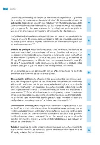 108 GEMA4.2
Las dosis recomendadas y los tiempos de administración dependen de la gravedad
de la crisis y de la respuesta a las dosis iniciales46
. El fármaco más utilizado es
salbutamol, disponible en solución para nebulizar y en inhalador presurizado. Este
último, debe administrarse en tandas de 2-10 pulsaciones de 100 μg hasta conse-
guir la respuesta. En crisis leves, una tanda de 2-4 pulsaciones puede ser suficiente
y en las crisis graves puede ser necesario administrar hasta 10 pulsaciones.
Los SABA nebulizados deben restringirse sólo para los casos en los que el paciente
requiera un aporte de oxígeno para normalizar su SaO2
. La nebulización continua
no ofrece grandes ventajas respecto a la nebulización intermitente, en iguales do-
sis totales administradas47,48
.
Bromuro de ipratropio. Añadir dosis frecuentes, cada 20 minutos, de bromuro de
ipratropio durante las 2 primeras horas, en los casos de crisis asmática grave o en
los casos de crisis moderada que no responda al tratamiento inicial con SABA, se
ha mostrado eficaz y seguro49,50
. La dosis nebulizada es de 250 μg en menores de
30 kg y 500 μg en mayores de 30 kg. La dosis con cámara de inhalación es de 40-
80 μg (2-4 pulsaciones). El efecto máximo, que no se mantiene, se produce en las
primeras dosis, por lo que sólo debe usarse en las primeras 24-48 horas.
En los lactantes, su uso en combinación con los SABA inhalados se ha mostrado
efectivo en el tratamiento de las crisis más graves51
.
Glucocorticoides sistémicos. La eficacia de los glucocorticoides sistémicos en pre-
escolares con episodios agudos de sibilancias leves a moderadas, por infecciones
víricas, está cuestionada; por lo que su uso debería restringirse a las crisis más
graves (1-2 mg/kg/día6,52
. En mayores de 5 años, han mostrado su beneficio cuando
se usan precozmente53
, siendo la vía oral la de elección frente a la endovenosa o
intramuscular54,55
. Deben administrarse en las crisis graves y pueden considerarse
en las crisis moderadas si no se obtiene suficiente mejoría con los broncodilatado-
res o si el niño tiene antecedentes de crisis graves. La dosis recomendada es de 1-2
mg/kg/día (máximo 40 mg) durante 3 a 5 días o hasta la resolución56,57
.
Glucocorticoides inhalados (GCI). Aunque en una revisión el uso precoz de altas do-
sis de GCI en la crisis reduce la necesidad de hospitalización en pacientes que no
recibieron glucocorticoides sistémicos58
, no hay suficiente evidencia científica para
recomendar el uso GCI como tratamiento alternativo o adicional a los glucocor-
ticoides sistémicos para el tratamiento de las crisis asmáticas y hacen falta más
estudios con muestras mayores y buena calidad metodológica, y que incluyan un
análisis de coste-eficacia58,59
.
Sulfato de magnesio. Se puede utilizar en las crisis graves que no han respondido
al tratamiento inicial60,61
. Se administra por vía intravenosa en una sola dosis de
40 mg/kg (máximo 2 g) en 20 minutos.
B
B
A
A
A
B
A
 