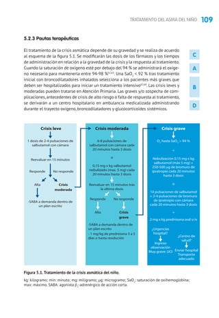 109TRATAMIENTO DEL ASMA DEL NIÑO
5.2.3 Pautas terapéuticas
El tratamiento de la crisis asmática depende de su gravedad y se realiza de acuerdo
al esquema de la figura 5.1. Se modificarán las dosis de los fármacos y los tiempos
de administración en relación a la gravedad de la crisis y la respuesta al tratamiento.
Cuando la saturación de oxígeno esté por debajo del 94 % se administrará el oxíge-
no necesario para mantenerla entre 94-98 %62,63
. Una SaO2
 92 % tras tratamiento
inicial con broncodilatadores inhalados selecciona a los pacientes más graves que
deben ser hospitalizados para iniciar un tratamiento intensivo62,64
. Las crisis leves y
moderadas pueden tratarse en Atención Primaria. Las graves y/o sospecha de com-
plicaciones,antecedentes de crisis de alto riesgo o falta de respuesta al tratamiento,
se derivarán a un centro hospitalario en ambulancia medicalizada administrando
durante el trayecto oxígeno, broncodilatadores y glucocorticoides sistémicos.
C
A
B
D
kg: kilogramo; min: minuto; mg: miligramo; μg: microgramo; SaO2: saturación de oxihemoglobina.
1
Tratamiento de elección
2
Mínimo 1,25 mg (0,25 ml), máximo 5 mg (1 ml)
3
20 μg/pulsación
4
Pulmonary score  4 y SaO2  94%
Crisis leve
1 dosis de 2-4 pulsaciones de
salbutamol con cámara
6-8 pulsaciones de
salbutamol con cámara cada
20 minutos hasta 3 dosis
O2
hasta SaO2
 94 %
Nebulización 0,15 mg x kg
salbutamol (máx 5 mg) +
250-500 μg de bromuro de
ipratropio cada 20 minutos
hasta 3 dosis
10 pulsaciones de salbutamol
+ 2-4 pulsaciones de bromuro
de ipratropio con cámara
cada 20 minutos hasta 3 dosis
2 mg x kg prednisona oral o iv
+
+
o
0,15 mg x kg salbutamol
nebulizado (max. 5 mg) cada
20 minutos hasta 3 dosis
Reevaluar en 15 minutos tras
la última dosis
o
Reevaluar en 15 minutos
-SABA a demanda dentro de
un plan escrito
-SABA a demanda dentro de
un plan escrito
- 1 mg/kg de prednisona 3 a 5
días o hasta resolución
Responde No responde
Alta Crisis
moderada
Responde No responde
¿Urgencias
hospital?
¿Centro de
salud?
Ingreso
observación
Muy grave: UCI Enviar hospital
Transporte
adecuado
Alta Crisis
grave
Crisis moderada Crisis grave
Figura 5.1.Tratamiento de la crisis asmática del niño.
kg: kilogramo; min: minuto; mg: miligramo; μg: microgramo; SaO2
: saturación de oxihemoglobina;
max: máximo. SABA: agonista β2
-adrenérgico de acción corta.
 