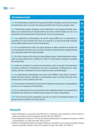 110 GEMA4.2
R1
R2
5.1. Se recomienda el empleo de los glucocorticoides inhalados como primera línea
de tratamiento para el control del asma persistente del niño de cualquier edad.
5.2. Montelukast puede ensayarse como alternativa a los glucocorticoides inha-
lados en el tratamiento de mantenimiento del asma infantil. Puede ser útil en la
prevención de exacerbaciones inducidas por virus en preescolares.
5.3. Los agonistas β2
-adrenérgicos de acción larga (LABA) son un tratamiento a
considerar en niños mayores de 4 años si se asocian a un glucocorticoide inhalado.
Nunca deben administrarse como monoterapia.
5.4. En el tratamiento de niños con asma alérgica se debe considerar el empleo de
la inmunoterapia siempre que se utilicen extractos estandarizados biológicamente
y los pacientes estén bien seleccionados.
5.5. En niños mayores de 6 años con asma alérgica grave insuficientemente contro-
lada con dosis altas de GCI y LABA y/o un ARLT se recomienda considerar el empleo
de omalizumab.
5.6. Antes de considerar un asma mal controlada y subir el escalón de tratamiento
es preciso confirmar el diagnóstico de asma y comprobar la adherencia al trata-
miento y técnica inhalatoria, así como descartar otras comorbilidades.
5.7. Los agonistas b2
-adrenérgicos de acción corta (SABA) a altas dosis y adminis-
trados de forma precoz y repetida, se recomiendan como la primera línea de trata-
miento para la crisis asmática del niño.
5.8. Se aconseja individualizar la dosis de los fármacos de acuerdo a la gravedad de
la crisis y a su respuesta al tratamiento.
5.9. En el tratamiento de la crisis asmática leve-moderada infantil se recomienda la
utilización del sistema de inhalador presurizado con cámara espaciadora.
5.10. En las crisis de asma moderadas y graves en niños se recomienda emplear un
glucocorticoide sistémico de forma precoz.
RECOMENDACIONES
R1
R1
R1
R1
R1
R2
R1
R1
Bibliografía
1.Adams NP, Bestall JC, LassersonTJ, Jones PW, Cates C. Fluticasone versus placebo for chronic asthma in
adults and children. Cochrane Database Syst Rev. 2005; (4): CD003135.
2. Castro-Rodriguez JA,Pedersen S.The role of inhaled corticoisteroids in management of asthma in infants
and preschoolers. Curr Opin Pulm Med. 2013; 19: 54-9.
3. Guilbert TW, Morgan WJ, Zeiger RS, Mauger DT, Boehmer SJ, Szefler SJ, et al. Long-term inhaled corticos-
teroids in preschool children at high risk for asthma. N. Engl. J Med. 2006; 354: 1985-97.
 