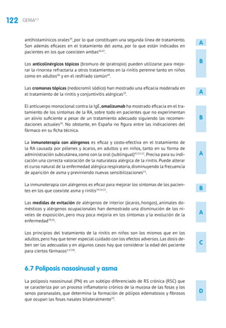 122 GEMA4.2
D
B
C
A
A
B
A
B
A
antihistamínicos orales39
, por lo que constituyen una segunda línea de tratamiento.
Son además eficaces en el tratamiento del asma, por lo que están indicados en
pacientes en los que coexisten ambas46,47
.
Los anticolinérgicos tópicos (bromuro de ipratropio) pueden utilizarse para mejo-
rar la rinorrea refractaria a otros tratamientos en la rinitis perenne tanto en niños
como en adultos48
y en el resfriado común49
.
Las cromonas tópicas (nedocromil sódico) han mostrado una eficacia moderada en
el tratamiento de la rinitis y conjuntivitis alérgicas39
.
El anticuerpo monoclonal contra la IgE,omalizumab ha mostrado eficacia en el tra-
tamiento de los síntomas de la RA, sobre todo en pacientes que no experimentan
un alivio suficiente a pesar de un tratamiento adecuado siguiendo las recomen-
daciones actuales50
. No obstante, en España no figura entre las indicaciones del
fármaco en su ficha técnica.
La inmunoterapia con alérgenos es eficaz y costo-efectiva en el tratamiento de
la RA causada por pólenes y ácaros, en adultos y en niños, tanto en su forma de
administración subcutánea,como con la oral (sublingual)42,51,52
.Precisa para su indi-
cación una correcta valoración de la naturaleza alérgica de la rinitis. Puede alterar
el curso natural de la enfermedad alérgica respiratoria,disminuyendo la frecuencia
de aparición de asma y previniendo nuevas sensibilizaciones53
.
La inmunoterapia con alérgenos es eficaz para mejorar los síntomas de los pacien-
tes en los que coexiste asma y rinitis39,54,55
.
Las medidas de evitación de alérgenos de interior (ácaros, hongos), animales do-
mésticos y alérgenos ocupacionales han demostrado una disminución de los ni-
veles de exposición, pero muy poca mejoría en los síntomas y la evolución de la
enfermedad39,56
.
Los principios del tratamiento de la rinitis en niños son los mismos que en los
adultos,pero hay que tener especial cuidado con los efectos adversos.Las dosis de-
ben ser las adecuadas y en algunos casos hay que considerar la edad del paciente
para ciertos fármacos1,57,58
.
6.7 Poliposis nasosinusal y asma
La poliposis nasosinusal (PN) es un subtipo diferenciado de RS crónica (RSC) que
se caracteriza por un proceso inflamatorio crónico de la mucosa de las fosas y los
senos paranasales, que determina la formación de pólipos edematosos y fibrosos
que ocupan las fosas nasales bilateralmente59
.
 