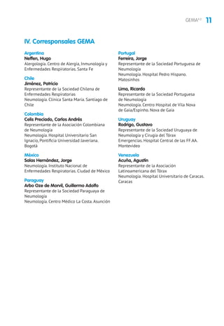 11GEMA4.2
Argentina
Neffen, Hugo
Alergología. Centro de Alergia, Inmunología y
Enfermedades Respiratorias. Santa Fe
Chile
Jiménez, Patricio
Representante de la Sociedad Chilena de
Enfermedades Respiratorias
Neumología. Clínica Santa María. Santiago de
Chile
Colombia
Celis Preciado, Carlos Andrés
Representante de la Asociación Colombiana
de Neumología
Neumología. Hospital Universitario San
Ignacio, Pontificia Universidad Javeriana.
Bogotá
México
Salas Hernández, Jorge
Neumología. Instituto Nacional de
Enfermedades Respiratorias. Ciudad de México
Paraguay
Arbo Oze de Morvil, Guillermo Adolfo
Representante de la Sociedad Paraguaya de
Neumología
Neumología. Centro Médico La Costa. Asunción
Portugal
Ferreira, Jorge
Representante de la Sociedad Portuguesa de
Neumología
Neumología. Hospital Pedro Hispano.
Matosinhos
Lima, Ricardo
Representante de la Sociedad Portuguesa
de Neumología
Neumología. Centro Hospital de Vila Nova
de Gaia/Espinho. Nova de Gaia
Uruguay
Rodrigo, Gustavo	
Representante de la Sociedad Uruguaya de
Neumología y Cirugía del Tórax
Emergencias. Hospital Central de las FF.AA.
Montevideo
Venezuela
Acuña, Agustín
Representante de la Asociación
Latinoamericana del Tórax
Neumología. Hospital Universitario de Caracas.
Caracas
IV. Corresponsales GEMA
 