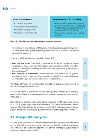 140 GEMA4.2
B
D
C
D
• No existe evidencia, o la disponible resulta de tan baja calidad, que la mayoría de
las recomendaciones que se proponen, y esta GEMA4.0
no está exenta, se basan en
opiniones de expertos.
El término AGNC aglutina dos variedades (figura 8.1):
• Asma difícil de tratar. Es el AGNC (a pesar de recibir varios fármacos y a dosis
elevadas), por causas externas a la propia enfermedad, básicamente, baja adhe-
rencia al tratamiento, presencia de comorbilidades, agravantes, y exposición a
desencadenantes4-7
.
• Asma refractaria al tratamiento. Serían el resto de casos de AGNC en los que tras
descartar los factores externos de un asma de control difícil, la enfermedad sigue
sin estar controlada por la respuesta parcial al tratamiento4
.
Un estudio efectuado en nuestro ámbito constató que la prevalencia del AGNC es
del 3,9 % de la población asmática8
. 	
El AGNC refractaria al tratamiento traduce cierto grado de insensibilidad a los glu-
cocorticoides. Puede ser corticodependiente o corticorresistente de mayor o menor
intensidad7,9
.
No obstante, se entiende como asma corticorresistente al AGNC que cursa con un
FEV1
≤ 75 % que no mejora significativamente (≤ 15 %) tras tratamiento con predni-
sona vo, 40 mg/día durante dos semanas; y como AGNC corticodependiente, la que
precisa tratamiento continuo con glucocorticoides parenterales para su control10-12
.
8.2. Fenotipos del asma grave	
El asma grave constituye un síndrome heterogéneo con múltiples variantes clíni-
cas. Ha sido objeto de una intensa y creciente investigación en la última década,
con la finalidad de caracterizar determinados perfiles o fenotipos, subsidiarios de
recibir un tratamiento específico13,18
.
ASMA GRAVE NO CONTROLADA
Asma difícil de tratar
Adhesión terapéutica
Técnica de inhalación deficiente
Comorbilidades y agravantes
Exposición a desencadenantes
Asma refractaria al tratamiento
Fenotipos clínico-inflamatorios de asma
grave: asma alérgica; asma eosinofílica de
inicio tardío; asma asociada a obesidad; y
asma neutrofílica de inicio tardío.
Asma corticorresistente y asma corticode-
pendiente
Figura 8.1.Términos y clasificación del asma grave no controlada.
 