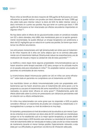 150 GEMA4.2
D
C
D
D
D
C
A
Pocos niños se benefician de dosis mayores de 500 μg/día de fluticasona, en casos
refractarios se puede realizar una prueba con dosis elevadas de hasta 2.000 μg/
día, sobre todo para intentar reducir la dosis de GCO. Se debe intentar volver a
dosis normales en cuanto sea posible. Hay que tener en cuenta que dosis ≥ 500
μg/día de fluticasona se han relacionado con efectos secundarios importantes en
algunos niños120
.
No hay datos sobre el efecto de los glucocorticoides orales en asmáticos tratados
con GCI a dosis elevadas, más LABA, más montelukast, pero es la opción general-
mente recomendada. Se puede efectuar un ensayo terapéutico con prednisona a
dosis de 0,5 mg/kg/día que se reducirá en cuanto sea posible. Se tienen que moni-
torizar los efectos secundarios.
Los anticuerpos monoclonales anti-IgE (omalizumab) son útiles para el tratamien-
to de niños mayores de 6 años con asma atópica que no se controla adecuada-
mente con el tratamiento habitual. Omalizumab reduce las exacerbaciones, uso de
medicación de rescate y mejora la calidad de vida de estos pacientes121-123
.
La teofilina a dosis bajas tiene algunas propiedades inmunomoduladoras que la
hacen atractiva como terapia asociada a GCI pero, aunque se ha utilizado mucho
en el pasado, está poco estudiada en niños124
. Es aceptable realizar una prueba en
pacientes no controlados de otra manera.
La triamcinolona depot intramuscular podría ser útil en niños con asma refracta-
ria125
sobre todo en pacientes no cumplidores con el tratamiento con GCO.
Los macrólidos tienen un efecto inmunomodulador junto con propiedades anti-
bacterianas que los hacen atractivos para el tratamiento del asma grave y se ha
propuesto su uso para el tratamiento del asma neutrofílica.En los escasos estudios
realizados, no parece tener eficacia en asma grave126
. Probablemente, parte del
efecto observado sobre la clínica en preescolares con sibilancias persistentes esté
en relación con su efecto antibacteriano.
En niños muy seleccionados con asma grave que no responden a GCO, se podría
considerar efectuar un tratamiento de prueba con ciclosporina, metotrexato o in-
munoglobulinas iv, aunque su nivel de evidencia es muy bajo.
En lactantes y preescolares el nivel de evidencia de los estudios es aún menor.Cuan-
do los síntomas no se controlan con dosis altas de GCI combinado con montelukast,
aunque no se ha establecido cuál es la mejor opción terapéutica, se puede añadir
teofilina a dosis bajas o GCO durante unas semanas. La necesidad de incrementar el
nivel de tratamiento debe ser reevaluada en todas y cada una de las visitas tratando
de mantenerlo durante el menor tiempo posible. Especialmente relevante a esta
edad, por sus dificultades, es garantizar una técnica de inhalación adecuada.
 
