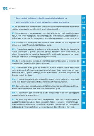 152 GEMA4.2
R2
R1
R2
R1
R2
R2
R1
R1
R2
• Asma asociada a obesidad: reducción ponderal, cirugía bariátrica.
• Asma neutrofílica de inicio tardío: se podría considerar azitromicina.
8.8. En pacientes con asma grave no controlada corticodependiente se recomienda
efectuar un ensayo terapéutico con triamcinolona depot IM.
8.9. En pacientes con asma grave no controlada y limitación crónica del flujo aéreo
(FEV1
 50 % y  80 %) se podría indicar termoplastia endobronquial,en centros con ex-
periencia en la atención del asma grave no controlada y por endoscopistas entrenados.
8.10. En niños con asma grave no controlada, sobre todo en los más pequeños, el
primer paso es confirmar el diagnóstico de asma.
8.11. Es prioritario evaluar la adherencia al tratamiento y la técnica inhalatoria
ya que constituyen la primera causa de pérdida de control en el asma infantil. Al
mismo tiempo se ha de investigar la exposición ambiental a alérgenos y/o conta-
minación ambiental, así como problemas psicosociales.
8.12. En el asma grave no controlada infantil se recomienda evaluar la presencia de
enfermedades sobreañadidas (comorbilidades).
8.13. En niños con asma grave no controlada a pesar de estar con la medicación
correcta, se puede efectuar un ensayo terapéutico con dosis mayores de las reco-
mendadas de GCI (hasta 2.000 μg/día de fluticasona). En cuanto sea posible se
deberán reducir las dosis.
8.14. El uso prolongado de glucocorticoides orales puede mejorar el control del
asma, pero deben valorarse cuidadosamente los efectos secundarios.
8.15. Los anticuerpos monoclonales anti-IgE (omalizumab) son útiles para el trata-
miento de niños mayores de 6 años con asma atópica grave.
8.16. El tratamiento con antibióticos es útil en los niños en los que se sospecha
bronquitis bacteriana persistente.
8.17. En niños muy seleccionados con asma grave no controlada que no responde a
glucocorticoides orales, o que éstos produzcan efectos secundarios importantes, po-
dría considerarse efectuar un tratamiento de prueba con azitromicina, ciclosporina,
metotrexato o inmunoglobulinas iv, aunque su nivel de evidencia es muy bajo.
R2
R2
R2
 