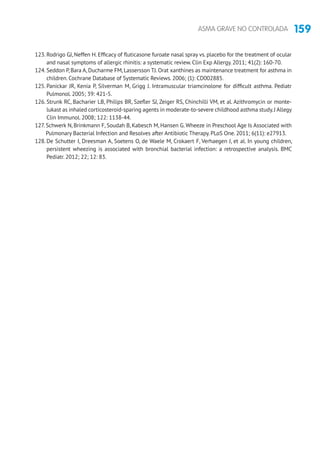 159ASMA GRAVE NO CONTROLADA
123. Rodrigo GJ, Neffen H. Efficacy of fluticasone furoate nasal spray vs. placebo for the treatment of ocular
and nasal symptoms of allergic rhinitis: a systematic review. Clin Exp Allergy. 2011; 41(2): 160-70.
124. Seddon P,Bara A,Ducharme FM,Lassersson TJ.Orat xanthines as maintenance treatment for asthma in
children. Cochrane Database of Systematic Reviews. 2006; (1): CD002885.
125. Panickar JR, Kenia P, Silverman M, Grigg J. Intramuscular triamcinolone for difficult asthma. Pediatr
Pulmonol. 2005; 39: 421-5.
126. Strunk RC, Bacharier LB, Philips BR, Szefler SJ, Zeiger RS, Chinchilli VM, et al. Azithromycin or monte-
lukast as inhaled corticosteroid-sparing agents in moderate-to-severe childhood asthma study.J Allegy
Clin Immunol. 2008; 122: 1138-44.
127. Schwerk N, Brinkmann F, Soudah B, Kabesch M, Hansen G. Wheeze in Preschool Age Is Associated with
Pulmonary Bacterial Infection and Resolves after Antibiotic Therapy. PLoS One. 2011; 6(11): e27913.
128. De Schutter I, Dreesman A, Soetens O, de Waele M, Crokaert F, Verhaegen J, et al. In young children,
persistent wheezing is associated with bronchial bacterial infection: a retrospective analysis. BMC
Pediatr. 2012; 22; 12: 83.
 