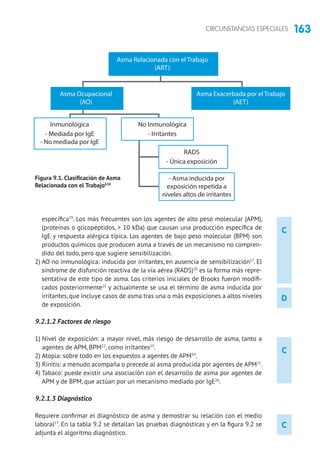 163CIRCUNSTANCIAS ESPECIALES
C
C
C
D
específica19
. Los más frecuentes son los agentes de alto peso molecular (APM),
(proteínas o glicopéptidos,  10 kDa) que causan una producción específica de
IgE y respuesta alérgica típica. Los agentes de bajo peso molecular (BPM) son
productos químicos que producen asma a través de un mecanismo no compren-
dido del todo, pero que sugiere sensibilización.
2) AO no inmunológica: inducida por irritantes, en ausencia de sensibilización17
. El
síndrome de disfunción reactiva de la vía aérea (RADS)20
es la forma más repre-
sentativa de este tipo de asma. Los criterios iniciales de Brooks fueron modifi-
cados posteriormente21
y actualmente se usa el término de asma inducida por
irritantes, que incluye casos de asma tras una o más exposiciones a altos niveles
de exposición.
9.2.1.2 Factores de riesgo
1) Nivel de exposición: a mayor nivel, más riesgo de desarrollo de asma, tanto a
agentes de APM, BPM22
, como irritantes23
.
2) Atopia: sobre todo en los expuestos a agentes de APM24
.
3) Rinitis: a menudo acompaña o precede al asma producida por agentes de APM25
.
4) Tabaco: puede existir una asociación con el desarrollo de asma por agentes de
APM y de BPM, que actúan por un mecanismo mediado por IgE26
.
9.2.1.3 Diagnóstico
Requiere confirmar el diagnóstico de asma y demostrar su relación con el medio
laboral17
. En la tabla 9.2 se detallan las pruebas diagnósticas y en la figura 9.2 se
adjunta el algoritmo diagnóstico.
Asma Relacionada con el Trabajo
(ART)
Asma Ocupacional
(AO)
Inmunológica
- Mediada por IgE
- No mediada por IgE
No Inmunológica
- Irritantes
RADS
- Única exposición
- Asma inducida por
exposición repetida a
niveles altos de irritantes
Asma Exacerbada por el Trabajo
(AET)
Figura 9.1. Clasificación de Asma
Relacionada con el Trabajo630
 
