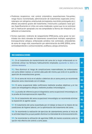 171CIRCUNSTANCIAS ESPECIALES
D
D
• Problemas terapéuticos: mal control sintomático; exacerbaciones frecuentes;
riesgo futuro incrementado; administración de tratamientos especiales (inmu-
noterapia con alérgenos, omalizumab, termoplastia, macrólido prolongado, etc.);
efectos secundarios graves del tratamiento; rinosinusitis y poliposis nasal gra-
ves. Específicamente en niños con asma moderada o grave que no se controlan
con la medicación apropiada una vez comprobada la técnica de inhalación y la
adhesión al tratamiento.
• Formas especiales: síndrome de solapamiento EPOC/asma, asma grave no con-
trolada tras dosis elevadas de tratamiento convencional múltiple; aspergilosis
broncopulmonar alérgica; embarazada asmática mal controlada; antecedentes
de asma de riesgo vital; exacerbación por administración de AINE (EREA); asma
corticodependiente o corticorresistente; anafilaxia; alergia alimentaria.
R1
R2
R2
R2
R2
R2
R2
R1
R1
9.1. En el tratamiento de mantenimiento del asma de la mujer embarazada se re-
comienda utilizar los fármacos habitualmente empleados ajustando la dosis a la
mínima necesaria.
9.2. Para disminuir el riesgo de complicaciones maternofetales, las embarazadas
con asma deben realizar un control adecuado del mismo, que evite en lo posible la
aparición de exacerbaciones graves.
9.3. En el asma de inicio en el adulto o deterioro de un asma previa, se recomienda
descartar asma relacionada con el trabajo.
9.4. El asma ocupacional debe confirmarse mediante pruebas objetivas y, en los
casos con etiopatogenia alérgica, mediante pruebas inmunológicas.
9.5. La prueba de referencia para el diagnóstico asma ocupacional inmunológica es
la prueba de broncoprovocación específica.
9.6. En el tratamiento del asma ocupacional inmunológica se recomienda eliminar
la exposición al agente causal.
9.7. El tratamiento del asma exacerbada por el trabajo se basa en la mejora de las
condiciones de higiene laboral y en la optimización del tratamiento del asma.
9.8. Se recomienda la realización de ejercicios de calentamiento previos al inicio de
la actividad deportiva,ya que pueden disminuir la intensidad de la broncoconstricción.
9.9. Se recomienda la utilización de agonistas SABA, de manera ocasional, como la
opción más efectiva de control a corto plazo.
RECOMENDACIONES
 