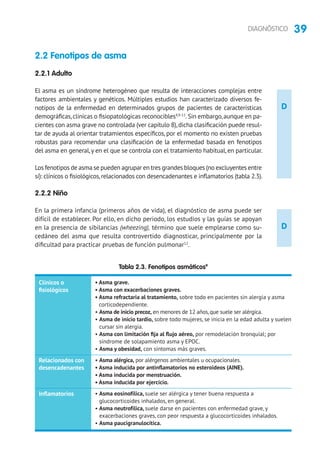 39DIAGNÓSTICO
D
D
2.2 Fenotipos de asma
2.2.1 Adulto
El asma es un síndrome heterogéneo que resulta de interacciones complejas entre
factores ambientales y genéticos. Múltiples estudios han caracterizado diversos fe-
notipos de la enfermedad en determinados grupos de pacientes de características
demográficas,clínicas o fisiopatológicas reconocibles4,9-11
.Sin embargo,aunque en pa-
cientes con asma grave no controlada (ver capítulo 8),dicha clasificación puede resul-
tar de ayuda al orientar tratamientos específicos, por el momento no existen pruebas
robustas para recomendar una clasificación de la enfermedad basada en fenotipos
del asma en general,y en el que se controla con el tratamiento habitual,en particular.
Los fenotipos de asma se pueden agrupar en tres grandes bloques (no excluyentes entre
sí): clínicos o fisiológicos,relacionados con desencadenantes e inflamatorios (tabla 2.3).
2.2.2 Niño
En la primera infancia (primeros años de vida), el diagnóstico de asma puede ser
difícil de establecer. Por ello, en dicho periodo, los estudios y las guías se apoyan
en la presencia de sibilancias (wheezing), término que suele emplearse como su-
cedáneo del asma que resulta controvertido diagnosticar, principalmente por la
dificultad para practicar pruebas de función pulmonar12
.
Tabla 2.3. Fenotipos asmáticos9
Clínicos o
fisiológicos
Relacionados con
desencadenantes
Inflamatorios
• Asma grave.
• Asma con exacerbaciones graves.
• Asma refractaria al tratamiento, sobre todo en pacientes sin alergia y asma
corticodependiente.
• Asma de inicio precoz, en menores de 12 años,que suele ser alérgica.
• Asma de inicio tardío, sobre todo mujeres, se inicia en la edad adulta y suelen
cursar sin alergia.
• Asma con limitación fija al flujo aéreo, por remodelación bronquial; por
síndrome de solapamiento asma y EPOC.
• Asma y obesidad, con síntomas más graves.
• Asma alérgica, por alérgenos ambientales u ocupacionales.
• Asma inducida por antinflamatorios no esteroideos (AINE).
• Asma inducida por menstruación.
• Asma inducida por ejercicio.
• Asma eosinofílica, suele ser alérgica y tener buena respuesta a
glucocorticoides inhalados, en general.
• Asma neutrofílica, suele darse en pacientes con enfermedad grave, y
exacerbaciones graves, con peor respuesta a glucocorticoides inhalados.
• Asma paucigranulocítica.
 