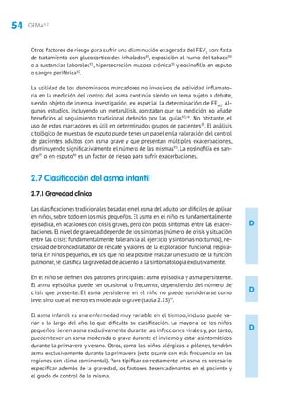 54 GEMA4.2
D
D
D
Otros factores de riesgo para sufrir una disminución exagerada del FEV1
son: falta
de tratamiento con glucocorticoides inhalados89
, exposición al humo del tabaco90
o a sustancias laborales91
, hipersecreción mucosa crónica90
y eosinofilia en esputo
o sangre periférica92
.
La utilidad de los denominados marcadores no invasivos de actividad inflamato-
ria en la medición del control del asma continúa siendo un tema sujeto a debate,
siendo objeto de intensa investigación, en especial la determinación de FENO
. Al-
gunos estudios, incluyendo un metanálisis, constatan que su medición no añade
beneficios al seguimiento tradicional definido por las guías93,94
. No obstante, el
uso de estos marcadores es útil en determinados grupos de pacientes33
. El análisis
citológico de muestras de esputo puede tener un papel en la valoración del control
de pacientes adultos con asma grave y que presentan múltiples exacerbaciones,
disminuyendo significativamente el número de las mismas93
. La eosinofilia en san-
gre95
o en esputo96
es un factor de riesgo para sufrir exacerbaciones.
2.7 Clasificación del asma infantil
2.7.1 Gravedad clínica
Las clasificaciones tradicionales basadas en el asma del adulto son difíciles de aplicar
en niños, sobre todo en los más pequeños. El asma en el niño es fundamentalmente
episódica, en ocasiones con crisis graves, pero con pocos síntomas entre las exacer-
baciones.El nivel de gravedad depende de los síntomas (número de crisis y situación
entre las crisis: fundamentalmente tolerancia al ejercicio y síntomas nocturnos), ne-
cesidad de broncodilatador de rescate y valores de la exploración funcional respira-
toria. En niños pequeños, en los que no sea posible realizar un estudio de la función
pulmonar, se clasifica la gravedad de acuerdo a la sintomatología exclusivamente.
En el niño se definen dos patrones principales: asma episódica y asma persistente.
El asma episódica puede ser ocasional o frecuente, dependiendo del número de
crisis que presente. El asma persistente en el niño no puede considerarse como
leve, sino que al menos es moderada o grave (tabla 2.13)97
.
El asma infantil es una enfermedad muy variable en el tiempo, incluso puede va-
riar a lo largo del año, lo que dificulta su clasificación. La mayoría de los niños
pequeños tienen asma exclusivamente durante las infecciones virales y, por tanto,
pueden tener un asma moderada o grave durante el invierno y estar asintomáticos
durante la primavera y verano. Otros, como los niños alérgicos a pólenes, tendrán
asma exclusivamente durante la primavera (esto ocurre con más frecuencia en las
regiones con clima continental). Para tipificar correctamente un asma es necesario
especificar, además de la gravedad, los factores desencadenantes en el paciente y
el grado de control de la misma.
 
