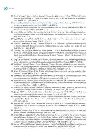 60 GEMA4.2
33. Dweik R, Boggs P, Erzurum S, Irvin CJ, Leigh MW, Lundberg JO, et al. An Official ATS Clinical Practice
Guideline: Interpretation of Exhaled Nitric Oxide Levels (FENO) for Clinical Applications. Am J Respir
Crit Care Med. 2011; 184: 602–15.
34. Karrasch S, Linde K, Rücker G, Sommer H, Karsch-Völk M, Kleijnen J, et al.Accuracy of FENO for diagno-
sing asthma: a systematic review.Thorax. 2017; 72(2): 109-16.
35. Dupont LJ, Demedts MG,Verleden GM. Prospective evaluation of the validity of exhaled nitric oxide for
the diagnosis of asthma. Chest. 2003;123: 751-6.
36. Smith AD, Cowan JO, Filsell S, McLachlan C, Monti-Sheehan G, Jackson P, et al. Diagnosing asthma:
comparisons between exhaled nitric oxide measurements and conventional tests.Am J Respir Crit Care
Med. 2004; 169: 473-8.
37.Taylor DR, Pijnenburg MW, Smith AD, De Jongste JC. Exhaled nitric oxide measurements: clinical appli-
cation and interpretation.Thorax. 2006; 61: 817-27.
38. Bacharier LB, Strunk RC, Mauger D, White D, Lemanske RF Jr, Sorkness CA. Classifying Asthma Severity
in Children: Mismatch Between Symptoms, Medication Use, and Lung Function. Am J Respir Crit Care
Med. 2004; 15; 170(4): 426-32.
39. Fitzpatrick AM, Teague WG, Meyers DA, Peters SP, Li X, Li H, et al. Heterogeneity of severe asthma in
childhood: confirmation by cluster analysis of children in the National Institutes of Health/National
Heart, Lung, and Blood Institute Severe Asthma Research Program. J Allergy Clin Immunol. 2011;
127: 382-9.
40. Lang AM, Konradsen J, Carlsen KH, Sachs-Olsen C, Mowinckel P, Hedlin G, et al. Identifying problematic
severe asthma in the individual child-does lung function matter? Acta Paediatr. 2010; 99: 404-10.
41.Van Dalen C,Harding E,Parkin J,Cheng S,Pearce N,Douwes J.Suitability of forced expiratoryvolume in 1
s/forced vital capacity vs.percentage of predicted forced expiratory volumen in 1 s for the classification
of asthma severity in adolescents.Arch Pediatr Adolesc Med. 2008; 162: 1169-74.
42. Galant SP,MorphewT,Amaro S,Liao O.Value of the broncodilator response in assessing controller naïve
asthmatic children. J Pediatr. 2007; 151: 457-62.
43.Tse AM,Gold DR,Sordillo JE,Hoffman EB,Gillman MW,Rifas-Shiman SL,et al.Diagnostic accuracy of the
broncodilator response in children.A Allergy Clin Immunol. 2013; 132: 554-9.
44. Müller-Brandes G, Krämer U, Gappa M, Seitner-Sorge G, Hüls A, von Berg A, et al. LUNOKID: can nume-
rical American Thoracic Society/European Respiratory Society quality criteria replace visual inspection
of spirometry? Eur Respir J. 2014; 43: 1347-56.
45. Miller MR, Hankinson J, Brusasco V, Burgos F, Casaburi R, Coates A.‘ATS/ERS TASK force: standardisation
of lung function testing’. Standardisation of spirometry. Eur Respir J. 2005; 26: 319-38.
46. Quanjer PH,Weiner DJ,Pretto JJ,Brazzale DJ,Boros PW.Measurement of FEF 25-75% and FEF 75% does
not contribute to clinical decision making. Eur Respir J. 2014; 43: 1051-58.
47.Asensio O, Cordón A, Elorz J, Moreno A,Villa JR; Grupo de Técnicas de la Sociedad Española de Neumo-
logía Pediátrica. Estudio de la función pulmonar en el paciente colaborador. Parte II. An Pediatr (Barc).
2007; 66(5): 518-30.
48. Pérez-Yarza EG, Villa JR, Cobos N, Navarro M, Salcedo A, Martín C, et al. Espirometría forzada en prees-
colares sanos bajo las recomendaciones de la ATS/ERS: estudio CANDELA. An Pediatr (Barc). 2009b;
70(1): 3-11.
49. Stanojevic S, Wade A, Lum S, Stocks J. Reference equations for pulmonary function tests in preschool
children: A review. Pediatric Pulmonology. 2007; 42(10): 962-72.
50. Beydon N, Davis SD, Lombardi E, Allen JL, Arets H, Aurora P, et al.; on behalf of the American Thoracic
Society/European Respiratory Society Working Group on Infant and Young Children Pulmonary Func-
tion Testing.An Official American Thoracic Society/European Respiratory Society Statement: Pulmonary
Function Testing in Preschool Children.Am J Respir Crit Care Med. 2007; 175: 1304-45.
51. Borrego LM,Stocks J,Almeida I,Stanojevic S,Antunes J,Leiria-Pinto P,et al.Broncodilator responsiveness
using spirometry in healthy and asthmatic preschool children.Arch Dis Child. 2013; 98: 112-7.
 