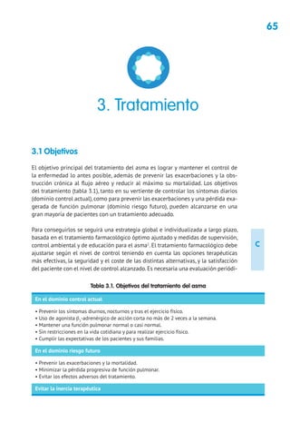 65
C
3.1 Objetivos
El objetivo principal del tratamiento del asma es lograr y mantener el control de
la enfermedad lo antes posible, además de prevenir las exacerbaciones y la obs-
trucción crónica al flujo aéreo y reducir al máximo su mortalidad. Los objetivos
del tratamiento (tabla 3.1), tanto en su vertiente de controlar los síntomas diarios
(dominio control actual), como para prevenir las exacerbaciones y una pérdida exa-
gerada de función pulmonar (dominio riesgo futuro), pueden alcanzarse en una
gran mayoría de pacientes con un tratamiento adecuado.
Para conseguirlos se seguirá una estrategia global e individualizada a largo plazo,
basada en el tratamiento farmacológico óptimo ajustado y medidas de supervisión,
control ambiental y de educación para el asma1
. El tratamiento farmacológico debe
ajustarse según el nivel de control teniendo en cuenta las opciones terapéuticas
más efectivas, la seguridad y el coste de las distintas alternativas, y la satisfacción
del paciente con el nivel de control alcanzado. Es necesaria una evaluación periódi-
3. Tratamiento
Tabla 3.1. Objetivos del tratamiento del asma
En el dominio control actual
• Prevenir los síntomas diurnos, nocturnos y tras el ejercicio físico.
• Uso de agonista β2
-adrenérgico de acción corta no más de 2 veces a la semana.
• Mantener una función pulmonar normal o casi normal.
• Sin restricciones en la vida cotidiana y para realizar ejercicio físico.
• Cumplir las expectativas de los pacientes y sus familias.
En el dominio riesgo futuro
• Prevenir las exacerbaciones y la mortalidad.
• Minimizar la pérdida progresiva de función pulmonar.
• Evitar los efectos adversos del tratamiento.
Evitar la inercia terapéutica
 