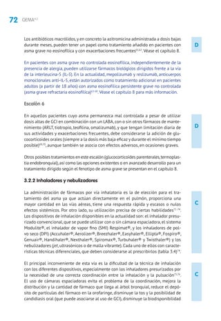 72 GEMA4.2
C
C
Los antibióticos macrólidos,y en concreto la azitromicina administrada a dosis bajas
durante meses, pueden tener un papel como tratamiento añadido en pacientes con
asma grave no eosinofílica y con exacerbaciones frecuentes61,62
.Véase el capítulo 8.
En pacientes con asma grave no controlada eosinofílica, independientemente de la
presencia de alergia, pueden utilizarse fármacos biológicos dirigidos frente a la vía
de la interleucina-5 (IL-5). En la actualidad, mepolizumab y reslizumab, anticuerpos
monoclonales anti-IL-5, están autorizados como tratamiento adicional en pacientes
adultos (a partir de 18 años) con asma eosinofílica persistente grave no controlada
(asma grave refractaria eosinofílica)63-68
.Véase el capítulo 8 para más información.
Escalón 6
En aquellos pacientes cuyo asma permanezca mal controlada a pesar de utilizar
dosis altas de GCI en combinación con un LABA,con o sin otros fármacos de mante-
nimiento (ARLT, tiotropio, teofilina, omalizumab), y que tengan limitación diaria de
sus actividades y exacerbaciones frecuentes, debe considerarse la adición de glu-
cocorticoides orales (siempre a la dosis más baja eficaz y durante el mínimo tiempo
posible)69,70
, aunque también se asocia con efectos adversos, en ocasiones graves.
Otros posibles tratamientos en este escalón (glucocorticoides parenterales,termoplas-
tia endobronquial),así como las opciones existentes o en avanzado desarrollo para un
tratamiento dirigido según el fenotipo de asma grave se presentan en el capítulo 8.
3.2.2 Inhaladores y nebulizadores
La administración de fármacos por vía inhalatoria es la de elección para el tra-
tamiento del asma ya que actúan directamente en el pulmón, proporciona una
mayor cantidad en las vías aéreas, tiene una respuesta rápida y escasos o nulos
efectos sistémicos. Por otro lado, su utilización precisa de ciertas habilidades71-74
.
Los dispositivos de inhalación disponibles en la actualidad son: el inhalador presu-
rizado convencional, que se puede utilizar con o sin cámara espaciadora, el sistema
Modulite®, el inhalador de vapor fino (SMI) Respimat®, y los inhaladores de pol-
vo seco (DPI) (Accuhaler®, Aerolizer®, Breezhaler®, Easyhaler®, Ellipta®, Fospiro®,
Genuair®, Handihaler®, Nexthaler®, Spiromax®, Turbuhaler® y Twisthaler®) y los
nebulizadores (jet,ultrasónicos o de malla vibrante).Cada uno de ellos con caracte-
rísticas técnicas diferenciales, que deben considerarse al prescribirlos (tabla 3.4)74
.
El principal inconveniente de esta vía es la dificultad de la técnica de inhalación
con los diferentes dispositivos, especialmente con los inhaladores presurizados por
la necesidad de una correcta coordinación entre la inhalación y la pulsación75,76
.
El uso de cámaras espaciadoras evita el problema de la coordinación, mejora la
distribución y la cantidad de fármaco que llega al árbol bronquial, reduce el depó-
sito de partículas del fármaco en la orofaringe, disminuye la tos y la posibilidad de
candidiasis oral (que puede asociarse al uso de GCI), disminuye la biodisponibilidad
D
D
 