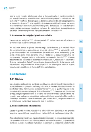 76 GEMA4.2
A
B
D
A
aporta como ventajas adicionales sobre la farmacoterapia, el mantenimiento de
los beneficios clínicos obtenidos hasta varios años después de la retirada del tra-
tamiento116,117
, el freno de la progresión de la rinoconjuntivitis alérgica por pólenes
al desarrollo de asma117
, o la aparición de nuevas sensibilizaciones en pacientes
monosensibles118
. Por último, la inmunoterapia ha demostrado ser un tratamiento
coste-efectivo comparado con el uso exclusivo del tratamiento farmacológico en
pacientes con rinoconjuntivitis alérgica coexistente con asma119,120
.
3.3.3 Vacunación antigripal y antineumocócica
La vacunación antigripal121,122
y la neumocócica123
no han mostrado eficacia en la
prevención de exacerbaciones de asma.
No obstante, debido a que es una estrategia coste-efectiva, y al elevado riesgo
de complicaciones en pacientes con procesos crónicos124,125
, la vacunación anti-
gripal anual debería ser considerada en pacientes con asma moderada y grave,
tanto adultos como niños. De forma similar, y dado que la población asmática tie-
ne un mayor riesgo de padecer enfermedad neumocócica invasiva126,127
, diversos
documentos de consenso de expertos internacionales128
, nacionales129
y el mismo
Sistema Nacional de Salud130
, recomiendan la administración de la vacuna anti-
neumocócica en pacientes con asma grave128-130
. Sin embargo, se precisan nuevos
estudios para establecer de forma definitiva su indicación.
3.4 Educación
3.4.1 Objetivos
La educación del paciente asmático constituye un elemento del tratamiento de
estos pacientes ya que reduce el riesgo de padecer una exacerbación, aumenta su
calidad de vida y disminuye los costes sanitarios27,131
, por lo que forma parte indis-
pensable del tratamiento integral de la enfermedad132-138
. La educación tiene como
principal objetivo proporcionar al paciente los conocimientos y las habilidades ne-
cesarias para mejorar su autocuidado y el cumplimiento terapéutico. Ello conlleva
una mayor adherencia con el tratamiento y, en consecuencia, un óptimo control de
la enfermedad y una mayor autonomía para el paciente.
3.4.2 Conocimientos y habilidades
Desde un punto de vista práctico139
, la educación debe contemplar dos grandes
aspectos: transmisión de conocimientos y adquisición de habilidades (tabla 3.5).
Respecto a la información que el paciente debe recibir sobre el asma,se deben conside-
rar sus necesidades, sus conocimientos previos, sus creencias, su edad, la gravedad del
asma que padece y el grado de implicación necesario en su autocontrol y tratamiento.
 