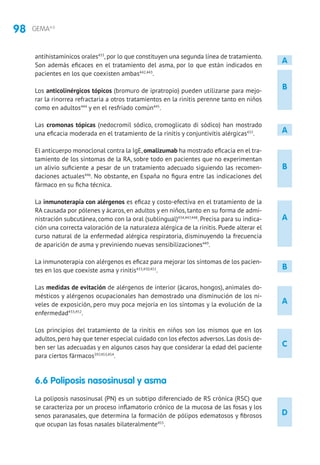 98 GEMA4.0
D
B
C
A
A
B
A
B
A
antihistamínicos orales433
, por lo que constituyen una segunda línea de tratamiento.
Son además eficaces en el tratamiento del asma, por lo que están indicados en
pacientes en los que coexisten ambas442,443
.
Los anticolinérgicos tópicos (bromuro de ipratropio) pueden utilizarse para mejo-
rar la rinorrea refractaria a otros tratamientos en la rinitis perenne tanto en niños
como en adultos444
y en el resfriado común445
.
Las cromonas tópicas (nedocromil sódico, cromoglicato di sódico) han mostrado
una eficacia moderada en el tratamiento de la rinitis y conjuntivitis alérgicas433
.
El anticuerpo monoclonal contra la IgE,omalizumab ha mostrado eficacia en el tra-
tamiento de los síntomas de la RA, sobre todo en pacientes que no experimentan
un alivio suficiente a pesar de un tratamiento adecuado siguiendo las recomen-
daciones actuales446
. No obstante, en España no figura entre las indicaciones del
fármaco en su ficha técnica.
La inmunoterapia con alérgenos es eficaz y costo-efectiva en el tratamiento de la
RA causada por pólenes y ácaros, en adultos y en niños, tanto en su forma de admi-
nistración subcutánea, como con la oral (sublingual)434,447,448
. Precisa para su indica-
ción una correcta valoración de la naturaleza alérgica de la rinitis. Puede alterar el
curso natural de la enfermedad alérgica respiratoria, disminuyendo la frecuencia
de aparición de asma y previniendo nuevas sensibilizaciones449
.
La inmunoterapia con alérgenos es eficaz para mejorar los síntomas de los pacien-
tes en los que coexiste asma y rinitis433,450,451
.
Las medidas de evitación de alérgenos de interior (ácaros, hongos), animales do-
mésticos y alérgenos ocupacionales han demostrado una disminución de los ni-
veles de exposición, pero muy poca mejoría en los síntomas y la evolución de la
enfermedad433,452
.
Los principios del tratamiento de la rinitis en niños son los mismos que en los
adultos,pero hay que tener especial cuidado con los efectos adversos.Las dosis de-
ben ser las adecuadas y en algunos casos hay que considerar la edad del paciente
para ciertos fármacos397,453,454
.
6.6 Poliposis nasosinusal y asma
La poliposis nasosinusal (PN) es un subtipo diferenciado de RS crónica (RSC) que
se caracteriza por un proceso inflamatorio crónico de la mucosa de las fosas y los
senos paranasales, que determina la formación de pólipos edematosos y fibrosos
que ocupan las fosas nasales bilateralmente455
.
 