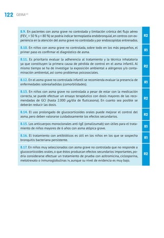 122 GEMA4.0
R2
R1
R2
R1
R2
R2
R1
R1
R2
8.9. En pacientes con asma grave no controlada y limitación crónica del flujo aéreo
(FEV1
 50 % y  80 %) se podría indicar termoplastia endobronquial,en centros con ex-
periencia en la atención del asma grave no controlada y por endoscopistas entrenados.
8.10. En niños con asma grave no controlada, sobre todo en los más pequeños, el
primer paso es confirmar el diagnóstico de asma.
8.11. Es prioritario evaluar la adherencia al tratamiento y la técnica inhalatoria
ya que constituyen la primera causa de pérdida de control en el asma infantil. Al
mismo tiempo se ha de investigar la exposición ambiental a alérgenos y/o conta-
minación ambiental, así como problemas psicosociales.
8.12. En el asma grave no controlada infantil se recomienda evaluar la presencia de
enfermedades sobreañadidas (comorbilidades).
8.13. En niños con asma grave no controlada a pesar de estar con la medicación
correcta, se puede efectuar un ensayo terapéutico con dosis mayores de las reco-
mendadas de GCI (hasta 2.000 μg/día de fluticasona). En cuanto sea posible se
deberán reducir las dosis.
8.14. El uso prolongado de glucocorticoides orales puede mejorar el control del
asma, pero deben valorarse cuidadosamente los efectos secundarios.
8.15. Los anticuerpos monoclonales anti-IgE (omalizumab) son útiles para el trata-
miento de niños mayores de 6 años con asma atópica grave.
8.16. El tratamiento con antibióticos es útil en los niños en los que se sospecha
bronquitis bacteriana persistente.
8.17. En niños muy seleccionados con asma grave no controlada que no responde a
glucocorticoides orales, o que éstos produzcan efectos secundarios importantes, po-
dría considerarse efectuar un tratamiento de prueba con azitromicina, ciclosporina,
metotrexato o inmunoglobulinas iv, aunque su nivel de evidencia es muy bajo.
 