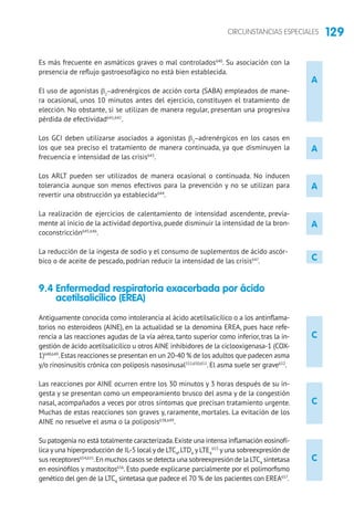 129CIRCUNSTANCIAS ESPECIALES
A
C
C
C
A
A
A
C
Es más frecuente en asmáticos graves o mal controlados640
. Su asociación con la
presencia de reflujo gastroesofágico no está bien establecida.
El uso de agonistas b2
-adrenérgicos de acción corta (SABA) empleados de mane-
ra ocasional, unos 10 minutos antes del ejercicio, constituyen el tratamiento de
elección. No obstante, si se utilizan de manera regular, presentan una progresiva
pérdida de efectividad641,642
.
Los GCI deben utilizarse asociados a agonistas b2
-adrenérgicos en los casos en
los que sea preciso el tratamiento de manera continuada, ya que disminuyen la
frecuencia e intensidad de las crisis643
.
Los ARLT pueden ser utilizados de manera ocasional o continuada. No inducen
tolerancia aunque son menos efectivos para la prevención y no se utilizan para
revertir una obstrucción ya establecida644
.
La realización de ejercicios de calentamiento de intensidad ascendente, previa-
mente al inicio de la actividad deportiva, puede disminuir la intensidad de la bron-
coconstricción645,646
.
La reducción de la ingesta de sodio y el consumo de suplementos de ácido ascór-
bico o de aceite de pescado, podrían reducir la intensidad de las crisis647
.
9.4 Enfermedad respiratoria exacerbada por ácido
acetilsalicílico (EREA)
Antiguamente conocida como intolerancia al ácido acetilsalicílico o a los antinflama-
torios no esteroideos (AINE), en la actualidad se la denomina EREA, pues hace refe-
rencia a las reacciones agudas de la vía aérea, tanto superior como inferior, tras la in-
gestión de ácido acetilsalicílico u otros AINE inhibidores de la ciclooxigenasa-1 (COX-
1)648,649
.Estas reacciones se presentan en un 20-40 % de los adultos que padecen asma
y/o rinosinusitis crónica con poliposis nasosinusal552,650,651
. El asma suele ser grave652
.
Las reacciones por AINE ocurren entre los 30 minutos y 3 horas después de su in-
gesta y se presentan como un empeoramiento brusco del asma y de la congestión
nasal, acompañados a veces por otros síntomas que precisan tratamiento urgente.
Muchas de estas reacciones son graves y, raramente, mortales. La evitación de los
AINE no resuelve el asma o la poliposis638,649
.
Su patogenia no está totalmente caracterizada.Existe una intensa inflamación eosinofí-
lica y una hiperproducción de IL-5 local y de LTC4
,LTD4
y LTE4
653
y una sobreexpresión de
sus receptores654,655
.En muchos casos se detecta una sobreexpresión de la LTC4
sintetasa
en eosinófilos y mastocitos656
. Esto puede explicarse parcialmente por el polimorfismo
genético del gen de la LTC4
sintetasa que padece el 70 % de los pacientes con EREA657
.
 