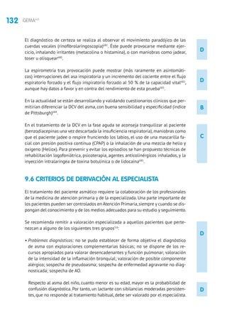 132 GEMA4.0
D
D
B
C
D
D
El diagnóstico de certeza se realiza al observar el movimiento paradójico de las
cuerdas vocales (rinofibrolaringoscopia)681
. Éste puede provocarse mediante ejer-
cicio, inhalando irritantes (metacolina o histamina), o con maniobras como jadear,
toser u olisquear680
.
La espirometría tras provocación puede mostrar (más raramente en asintomáti-
cos) interrupciones del asa inspiratoria y un incremento del cociente entre el flujo
espiratorio forzado y el flujo inspiratorio forzado al 50 % de la capacidad vital682
,
aunque hay datos a favor y en contra del rendimiento de esta prueba683
.
En la actualidad se están desarrollando y validando cuestionarios clínicos que per-
mitirían diferenciar la DCV del asma, con buena sensibilidad y especificidad (índice
de Pittsburgh)684
.
En el tratamiento de la DCV en la fase aguda se aconseja tranquilizar al paciente
(benzodiacepinas una vez descartada la insuficiencia respiratoria),maniobras como
que el paciente jadee o respire frunciendo los labios, el uso de una mascarilla fa-
cial con presión positiva continua (CPAP) o la inhalación de una mezcla de helio y
oxigeno (Heliox). Para prevenir y evitar los episodios se han propuesto técnicas de
rehabilitación logofoniátrica, psicoterapia, agentes anticolinérgicos inhalados, y la
inyección intralaríngea de toxina botulínica o de lidocaína685
.
9.6 CRITERIOS DE DERIVACIÓN AL ESPECIALISTA	
El tratamiento del paciente asmático requiere la colaboración de los profesionales
de la medicina de atención primaria y de la especializada. Una parte importante de
los pacientes pueden ser controlados en Atención Primaria,siempre y cuando se dis-
pongan del conocimiento y de los medios adecuados para su estudio y seguimiento.
Se recomienda remitir a valoración especializada a aquellos pacientes que perte-
nezcan a alguno de los siguientes tres grupos5,6
:
• Problemas diagnósticos: no se pudo establecer de forma objetiva el diagnóstico
de asma con exploraciones complementarias básicas; no se dispone de los re-
cursos apropiados para valorar desencadenantes y función pulmonar; valoración
de la intensidad de la inflamación bronquial; valoración de posible componente
alérgico; sospecha de pseudoasma; sospecha de enfermedad agravante no diag-
nosticada; sospecha de AO.
Respecto al asma del niño, cuanto menor es su edad, mayor es la probabilidad de
confusión diagnóstica. Por tanto, un lactante con sibilancias moderadas persisten-
tes, que no responde al tratamiento habitual, debe ser valorado por el especialista.
 
