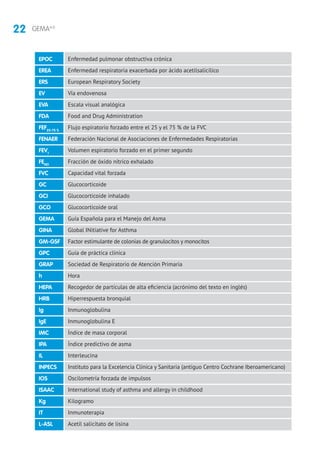 22 GEMA4.0
Enfermedad pulmonar obstructiva crónica
Enfermedad respiratoria exacerbada por ácido acetilsalicílico
European Respiratory Society
Vía endovenosa
Escala visual analógica
Food and Drug Administration
Flujo espiratorio forzado entre el 25 y el 75 % de la FVC
Federación Nacional de Asociaciones de Enfermedades Respiratorias
Volumen espiratorio forzado en el primer segundo
Fracción de óxido nítrico exhalado
Capacidad vital forzada
Glucocorticoide
Glucocorticoide inhalado
Glucocorticoide oral
Guía Española para el Manejo del Asma
Global INitiative for Asthma
Factor estimulante de colonias de granulocitos y monocitos
Guía de práctica clínica
Sociedad de Respiratorio de Atención Primaria
Hora
Recogedor de partículas de alta eficiencia (acrónimo del texto en inglés)
Hiperrespuesta bronquial
Inmunoglobulina
Inmunoglobulina E
Índice de masa corporal
Índice predictivo de asma
Interleucina
Instituto para la Excelencia Clínica y Sanitaria (antiguo Centro Cochrane Iberoamericano)
Oscilometría forzada de impulsos
International study of asthma and allergy in childhood
Kilogramo
Inmunoterapia
Acetil salicitato de lisina
EPOC
EREA
ERS
EV
EVA
FDA
FEF25-75 %
FENAER
FEV1
FENO
FVC
GC
GCI
GCO
GEMA
GINA
GM-GSF
GPC
GRAP
h
HEPA
HRB
Ig
IgE
IMC
IPA
IL
INPECS
IOS
ISAAC
Kg
IT
L-ASL
 