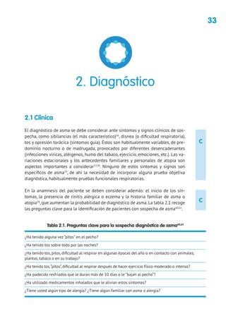 33
C
C
2.1 Clínica
El diagnóstico de asma se debe considerar ante síntomas y signos clínicos de sos-
pecha, como sibilancias (el más característico)56
, disnea (o dificultad respiratoria),
tos y opresión torácica (síntomas guía). Éstos son habitualmente variables, de pre-
dominio nocturno o de madrugada, provocados por diferentes desencadenantes
(infecciones víricas, alérgenos, humo del tabaco, ejercicio, emociones, etc.). Las va-
riaciones estacionales y los antecedentes familiares y personales de atopia son
aspectos importantes a considerar57,58
. Ninguno de estos síntomas y signos son
específicos de asma59
, de ahí la necesidad de incorporar alguna prueba objetiva
diagnóstica, habitualmente pruebas funcionales respiratorias.
En la anamnesis del paciente se deben considerar además: el inicio de los sín-
tomas, la presencia de rinitis alérgica o eczema y la historia familiar de asma o
atopia58
, que aumentan la probabilidad de diagnóstico de asma. La tabla 2.1 recoge
las preguntas clave para la identificación de pacientes con sospecha de asma60,61
.
2. Diagnóstico
Tabla 2.1. Preguntas clave para la sospecha diagnóstica de asma60,61
¿Ha tenido alguna vez “pitos” en el pecho?
¿Ha tenido tos sobre todo por las noches?
¿Ha tenido tos, pitos, dificultad al respirar en algunas épocas del año o en contacto con animales,
plantas, tabaco o en su trabajo?
¿Ha tenido tos,“pitos”, dificultad al respirar después de hacer ejercicio físico moderado o intenso?
¿Ha padecido resfriados que le duran más de 10 días o le “bajan al pecho”?
¿Ha utilizado medicamentos inhalados que le alivian estos síntomas?
¿Tiene usted algún tipo de alergia? ¿Tiene algún familiar con asma o alergia?
 