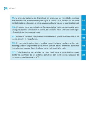 54 GEMA4.0
R2
R2
R2
R2
R2
2.9. La gravedad del asma se determinará en función de las necesidades mínimas
de tratamiento de mantenimiento para lograr el control. Si el paciente no estuviera
siendo tratado se establecerá al inicio,reevaluándola una vez que se alcance el control.
2.10. El control debe ser evaluado de forma periódica, y el tratamiento debe ajus-
tarse para alcanzar y mantener el control. Es necesario hacer una valoración espe-
cífica del riesgo de exacerbaciones.
2.11. El control tiene dos componentes fundamentales que se deben establecer: el
control actual y el riesgo futuro.
2.12. Es conveniente determinar el nivel de control del asma mediante visitas mé-
dicas regulares de seguimiento que al menos consten de una anamnesis específica
y completa, un examen físico detallado y una espirometría forzada.
2.13. En la determinación del nivel de control del asma se recomienda comple-
mentar la anamnesis de los síntomas asmáticos con cuestionarios validados de
síntomas (preferiblemente el ACT).
 