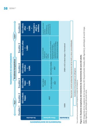58 GEMA4.0
Figura3.2.Escalonesterapéuticosdeltratamientodemantenimientodelasmadeladulto.
ARLT:Antagonistadelosreceptoresdelosleucotrienos;GCI:Glucocorticoideinhalado,LABA:Agonistaβ2
-adrenérgicodeacciónlarga;
SABA:Agonistaβ2
-adrenérgicodeaccióncorta.
TRATAMIENTODEMANTENIMIENTO
TRATAMIENTODEMANTENIMIENTO
Deelección
EscalonesterapéuticosBajarSubir*
Escalón1
SABA
Educación,controlambiental,tratamientodelarinitisyotrascomorbilidades
Considerarinmunoterapiaconalérgenos
Escalón2
ARLT
GCIadosis
bajas
GCIadosis
medias
GCIadosisbajas
+
ARLT
Escalón3
GCIadosis
bajas
+
LABA
GCIadosismedias
+
ARLT
Escalón4
GCIadosis
medias
+
LABA
Simalcontrolañadir:
-Tiotropioy/o
-ALRTy/o
-Teofilina
Sipersistemalcontrolconsiderar
tratamientoporfenotipos:
-Omalizumab:asmaalérgica
-Azitromicina:asmaneutrofílica
-Reducciónponderal:obesidad
Escalón5
GCIadosisaltas
+
LABA
GCIadosis
altas
+
LABA
+
tiotropioo
ARLTo
teofilina
Sipersistemalcontrol
considerar:
-Termoplastiay/o
-TriamcinolonaIMo
GlucocorticoidesVO
Escalón6
SABAoGCIadosisbajas+formoterol
*trasconfirmarlacorrectaadhesiónterapéuticayempleodelinhalador/es
ARLT:Antagonistadelosreceptoresdelosleucotrienos;GCI:Glucocorticoideinhalado,LABA:Agonistaβ2-adrenérgicodeacciónlarga;SABA:Agonistaβ2-adrenérgicodeaccióncorta
AdemandaOtrasopciones
 