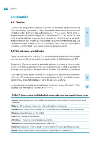 66 GEMA4.0
A
B
B
3.4 Educación
3.4.1 Objetivos
La educación del paciente asmático constituye un elemento del tratamiento de
estos pacientes ya que reduce el riesgo de padecer una exacerbación, aumenta su
calidad de vida y disminuye los costes sanitarios126,268
, por lo que forma parte in-
dispensable del tratamiento integral de la enfermedad125, 269-274
. La educación tiene
como principal objetivo proporcionar al paciente los conocimientos y las habili-
dades necesarias para mejorar su autocuidado y el cumplimiento terapéutico. Ello
conlleva una mayor adherencia con el tratamiento y, en consecuencia, un óptimo
control de la enfermedad y una mayor autonomía para el paciente.
3.4.2 Conocimientos y habilidades
Desde un punto de vista práctico275
, la educación debe contemplar dos grandes
aspectos: transmisión de conocimientos y adquisición de habilidades (tabla 3.5).
Respecto a la información que el paciente debe recibir sobre el asma,se deben conside-
rar sus necesidades, sus conocimientos previos, sus creencias, su edad, la gravedad del
asma que padece y el grado de implicación necesario en su autocontrol y tratamiento.
Estas intervenciones deben contemplar276
: autocuidados por síntomas o monitori-
zación del PEF,planes de acción escritos y revisión regular del control del asma,del
tratamiento y de las habilidades por parte del personal sanitario.
Las intervenciones sin planes de acción por escrito son menos efectivas276,277
. Las
acciones sólo informativas son inefectivas273,276,277
.
Tabla 3.5. Información y habilidades básicas que debe aprender un paciente con asma
1. Conocer que el asma es una enfermedad crónica y necesita tratamiento continuo aunque no tenga
molestias.
2. Saber las diferencias que existen entre inflamación y broncoconstricción.
3. Diferenciar los fármacos “controladores” de la inflamación, de los “aliviadores” de la obstrucción.
4. Reconocer los síntomas de la enfermedad.
5. Usar correctamente los inhaladores.
6. Identificar y evitar en lo posible los desencadenantes.
7. Monitorizar los síntomas y el flujo espiratorio máximo (PEF).
8. Reconocer los signos y síntomas de agravamiento de la enfermedad (pérdida del control).
9. Actuar ante un deterioro de su enfermedad para prevenir la crisis o exacerbación.
 