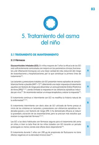 83
A
A
B
B
5.1 TRATAMIENTO DE MANTENIMIENTO
5.1.1 Fármacos
Glucocorticoides inhalados (GCI). En niños mayores de 3 años la eficacia de los GCI
está suficientemente contrastada,con mejoría en los parámetros clínicos,funciona-
les y de inflamación bronquial, con una mejor calidad de vida, reducción del riesgo
de exacerbaciones y hospitalizaciones, por lo que constituye la primera línea de
tratamiento162
.
Los lactantes y preescolares tratados con GCI presentan menos episodios de asma/si-
bilancias frente a placebo (NNT = 7)350
,obteniendo una mejor respuesta al tratamiento
aquellos con factores de riesgo para desarrollar un asma persistente (Índice Predictivo
de Asma [IPA])351,352
, siendo limitada la respuesta en las sibilancias episódicas induci-
das por virus353
.Se recomienda realizar un ensayo terapéutico yvalorar la respuesta354
.
El tratamiento continuo o intermitente con GCI no modifica la historia natural de
la enfermedad353,355
.
El tratamiento intermitente con dosis altas de GCI utilizado de forma precoz al
inicio de los síntomas en lactantes y preescolares con sibilancias episódicas mo-
deradas-graves y con factores de riesgo (IPA +) ha demostrado eficacia al reducir
la gravedad y duración de las exacerbaciones, pero se precisan más estudios que
evalúen la seguridad del fármaco356,357
.
Los GCI a las dosis habituales son fármacos seguros para el tratamiento del asma
en niños, si bien la talla final de los niños tratados con GCI durante un periodo
prolongado es menor, siendo este efecto dosis-dependiente358
.
El tratamiento durante 5 años con 200 μg de propionato de fluticasona no tiene
efectos negativos en la densidad mineral ósea359
.
5. Tratamiento del asma
del niño
 