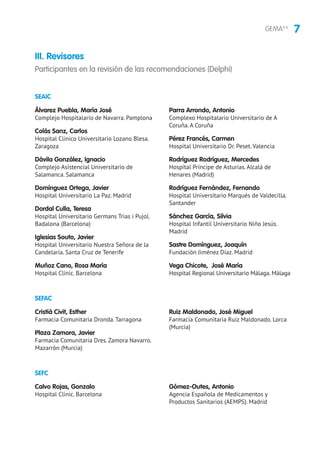 7GEMA4.0
SEAIC
SEFC
Álvarez Puebla, María José
Complejo Hospitalario de Navarra. Pamplona
Colás Sanz, Carlos
Hospital Clínico Universitario Lozano Blesa.
Zaragoza
Dávila González, Ignacio
Complejo Asistencial Universitario de
Salamanca. Salamanca
Domínguez Ortega, Javier
Hospital Universitario La Paz. Madrid
Dordal Culla, Teresa
Hospital Universitario Germans Trias i Pujol.
Badalona (Barcelona)
Iglesias Souto, Javier
Hospital Universitario Nuestra Señora de la
Candelaria. Santa Cruz de Tenerife
Muñoz Cano, Rosa María
Hospital Clinic. Barcelona
Parra Arrondo, Antonio
Complexo Hospitalario Universitario de A
Coruña. A Coruña
Pérez Francés, Carmen
Hospital Universitario Dr. Peset. Valencia
Rodríguez Rodríguez, Mercedes
Hospital Príncipe de Asturias. Alcalá de
Henares (Madrid)
Rodríguez Fernández, Fernando
Hospital Universitario Marqués de Valdecilla.
Santander
Sánchez García, Silvia
Hospital Infantil Universitario Niño Jesús.
Madrid
Sastre Domínguez, Joaquín
Fundación Jiménez Díaz. Madrid
Vega Chicote, José María
Hospital Regional Universitario Málaga. Málaga
Calvo Rojas, Gonzalo
Hospital Clinic. Barcelona
Gómez-Outes, Antonio
Agencia Española de Medicamentos y
Productos Sanitarios (AEMPS). Madrid
III. Revisores
Participantes en la revisión de las recomendaciones (Delphi)
SEFAC
Cristiá Civit, Esther
Farmacia Comunitaria Dronda. Tarragona
Plaza Zamora, Javier
Farmacia Comunitaria Dres. Zamora Navarro.
Mazarrón (Murcia)
Ruiz Maldonado, José Miguel
Farmacia Comunitaria Ruiz Maldonado. Lorca
(Murcia)
 
