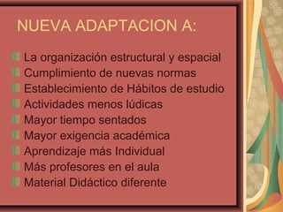NUEVA ADAPTACION A:
La organización estructural y espacial
Cumplimiento de nuevas normas
Establecimiento de Hábitos de estudio
Actividades menos lúdicas
Mayor tiempo sentados
Mayor exigencia académica
Aprendizaje más Individual
Más profesores en el aula
Material Didáctico diferente
 