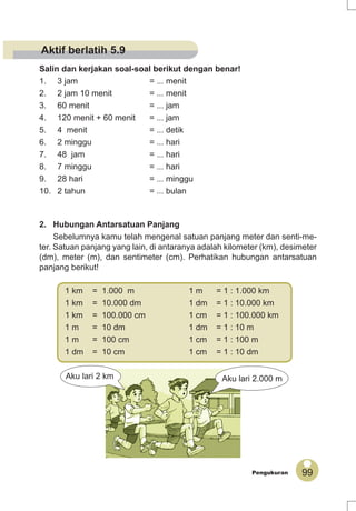 99Pengukuran
Salin dan kerjakan soal-soal berikut dengan benar!
1. 3 jam = ... menit
2. 2 jam 10 menit = ... menit
3. 60 menit = ... jam
4. 120 menit + 60 menit = ... jam
5. 4 menit = ... detik
6. 2 minggu = ... hari
7. 48 jam = ... hari
8. 7 minggu = ... hari
9. 28 hari = ... minggu
10. 2 tahun = ... bulan
2. Hubungan Antarsatuan Panjang
Sebelumnya kamu telah mengenal satuan panjang meter dan senti-me-
ter. Satuan panjang yang lain, di antaranya adalah kilometer (km), desimeter
(dm), meter (m), dan sentimeter (cm). Perhatikan hubungan antarsatuan
panjang berikut!
Aku lari 2.000 m
1 km = 1.000 m 1 m = 1 : 1.000 km
1 km = 10.000 dm 1 dm = 1 : 10.000 km
1 km = 100.000 cm 1 cm = 1 : 100.000 km
1 m = 10 dm 1 dm = 1 : 10 m
1 m = 100 cm 1 cm = 1 : 100 m
1 dm = 10 cm 1 cm = 1 : 10 dm
Aku lari 2 km
Aktif berlatih 5.9
 