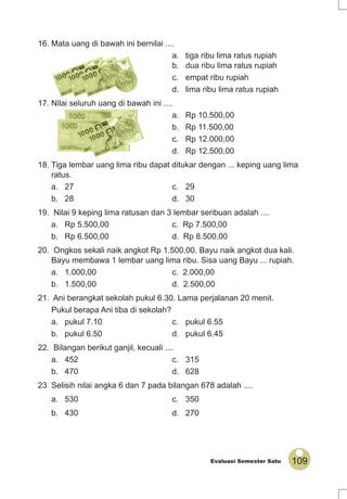 109Evaluasi Semester Satu
16. Mata uang di bawah ini bernilai ....
a. tiga ribu lima ratus rupiah
b. dua ribu lima ratus rupiah
c. empat ribu rupiah
d. lima ribu lima ratus rupiah
17. Nilai seluruh uang di bawah ini ....
a. Rp 10.500,00
b. Rp 11.500,00
c. Rp 12.000,00
d. Rp 12.500,00
18. Tiga lembar uang lima ribu dapat ditukar dengan ... keping uang lima
ratus.
a. 27 c. 29
b. 28 d. 30
19. Nilai 9 keping lima ratusan dan 3 lembar seribuan adalah ....
a. Rp 5.500,00 c. Rp 7.500,00
b. Rp 6.500,00 d. Rp 8.500,00
20. Ongkos sekali naik angkot Rp 1.500,00. Bayu naik angkot dua kali.
Bayu membawa 1 lembar uang lima ribu. Sisa uang Bayu ... rupiah.
a. 1.000,00 c. 2.000,00
b. 1.500,00 d. 2.500,00
21. Ani berangkat sekolah pukul 6.30. Lama perjalanan 20 menit.
Pukul berapa Ani tiba di sekolah?
a. pukul 7.10 c. pukul 6.55
b. pukul 6.50 d. pukul 6.45
22. Bilangan berikut ganjil, kecuali ....
a. 452 c. 315
b. 470 d. 628
23 Selisih nilai angka 6 dan 7 pada bilangan 678 adalah ....
a. 530 c. 350
b. 430 d. 270
 
