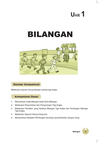 3Bilangan
BILANGAN
Melakukan operasi hitung bilangan sampai tiga angka.
Unit 1
Standar Kompetensi
1. Menentukan Letak Bilangan pada Garis Bilangan.
2. Melakukan Penjumlahan dan Pengurangan Tiga Angka.
3. Melakukan Perkalian yang Hasilnya Bilangan Tiga Angka dan Pembagian Bilangan
Tiga Angka.
4. Melakukan Operasi Hitung Campuran.
5. Memecahkan Masalah Perhitungan termasuk yang Berkaitan dengan Uang.
Kompetensi Dasar
 