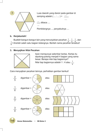 118 Gemar Matematika ~ SD Kelas 3
b. Kerjakanlah!
Buatlah bangun-bangun lain yang menunjukkan pecahan 1
2
, 1
3
, 1
4
, dan
1
6
! Arsirlah salah satu bagian bidangnya. Berilah nama pecahan tersebut!
3. Menyajikan Nilai Pecahan
Iwan mempunyai selembar kertas. Kertas itu
dipotong-potong menjadi 4 bagian yang sama
besar. Berapa nilai tiap bagiannya?
Nilai tiap bagiannya adalah 1 : 4 atau
1
4
Cara menyajikan pecahan lainnya, perhatikan gambar berikut!
2
5
digambar = atau
1
6
digambar = atau
2
7
digambar = atau
3
8
digambar = atau
Luas daerah yang diarsir pada gambar di
samping adalah ( ... : ... ) =
....
....
...
...
dibaca ....
Pembilangnya ..., penyebutnya ....
3
 