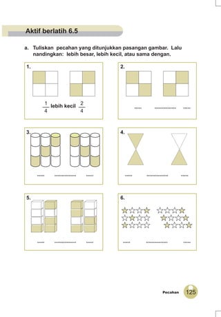 125Pecahan
a. Tuliskan pecahan yang ditunjukkan pasangan gambar. Lalu
nandingkan: lebih besar, lebih kecil, atau sama dengan.
1
4
lebih kecil
2
4
1. 2.
..... ............... .....
3. 4.
..... ............... .....
5. 6.
..... ............... .....
..... ............... .....
..... ............... .....
Aktif berlatih 6.5
 