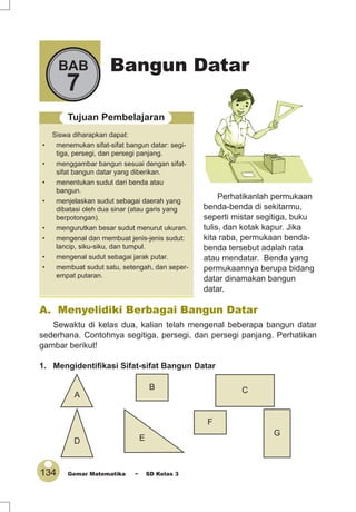 134 Gemar Matematika ~ SD Kelas 3
Bangun DatarBAB
7
Tujuan Pembelajaran
Siswa diharapkan dapat:
• menemukan sifat-sifat bangun datar: segi-
tiga, persegi, dan persegi panjang.
• menggambar bangun sesuai dengan sifat-
sifat bangun datar yang diberikan.
• menentukan sudut dari benda atau
bangun.
• menjelaskan sudut sebagai daerah yang
dibatasi oleh dua sinar (atau garis yang
berpotongan).
• mengurutkan besar sudut menurut ukuran.
• mengenal dan membuat jenis-jenis sudut:
lancip, siku-siku, dan tumpul.
• mengenal sudut sebagai jarak putar.
• membuat sudut satu, setengah, dan seper-
empat putaran.
A. Menyelidiki Berbagai Bangun Datar
Sewaktu di kelas dua, kalian telah mengenal beberapa bangun datar
sederhana. Contohnya segitiga, persegi, dan persegi panjang. Perhatikan
gambar berikut!
1. Mengidentiﬁkasi Sifat-sifat Bangun Datar
A
B C
G
F
ED
Perhatikanlah permukaan
benda-benda di sekitarmu,
seperti mistar segitiga, buku
tulis, dan kotak kapur. Jika
kita raba, permukaan benda-
benda tersebut adalah rata
atau mendatar. Benda yang
permukaannya berupa bidang
datar dinamakan bangun
datar.
 